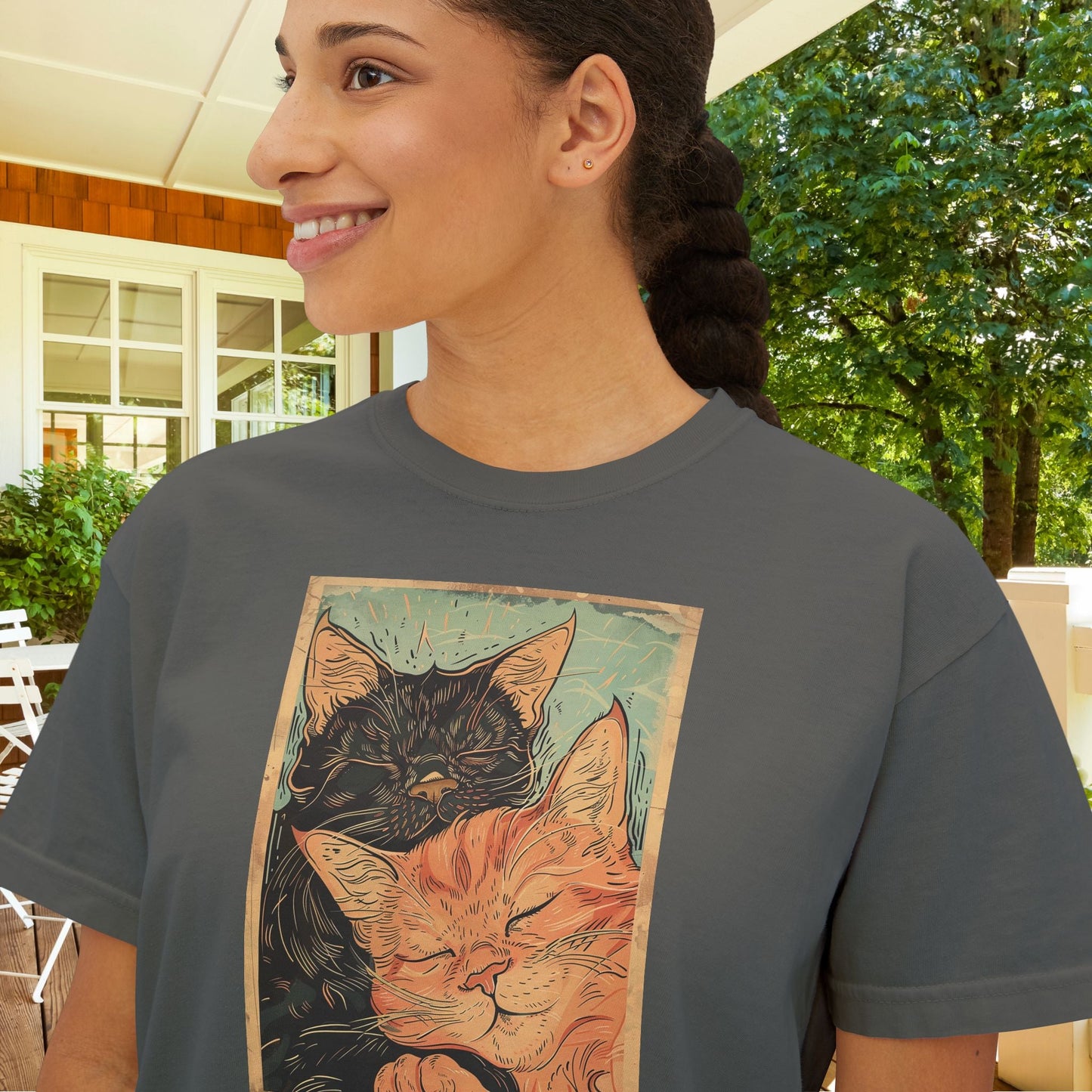 Sleeping Cats Crop Top T-Shirt – Vintage Deco Cat Art on Comfort Colors Tee for Cat Lovers - FlooredByArt