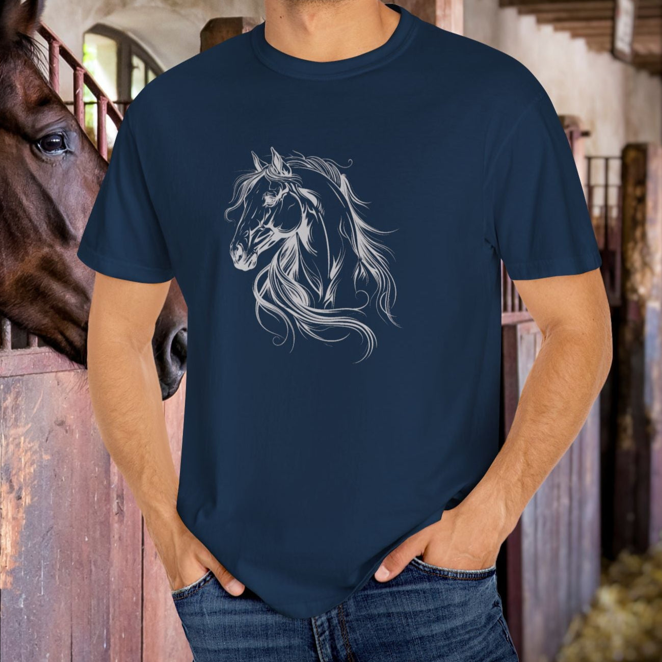 Spirited Horse Line Art Tee – Comfort Colors Equestrian Shirt - FlooredByArt
