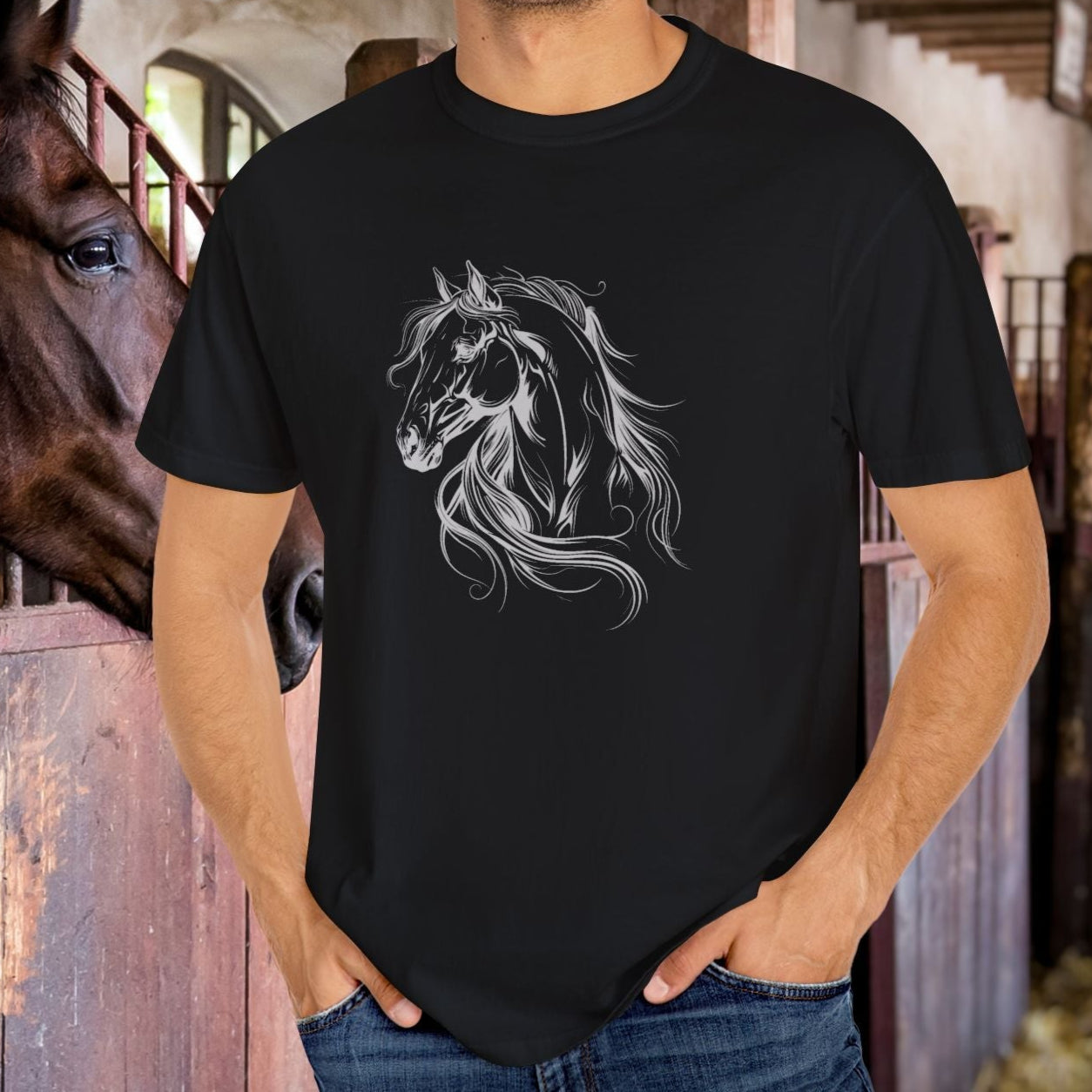 Spirited Horse Line Art Tee – Comfort Colors Equestrian Shirt - FlooredByArt