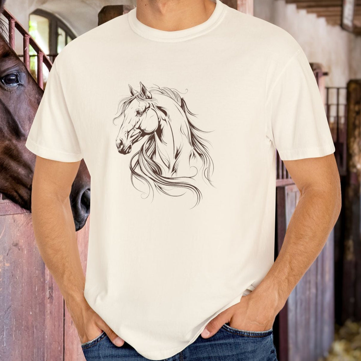 Spirited Horse Line Art Tee – Comfort Colors Equestrian Shirt - FlooredByArt