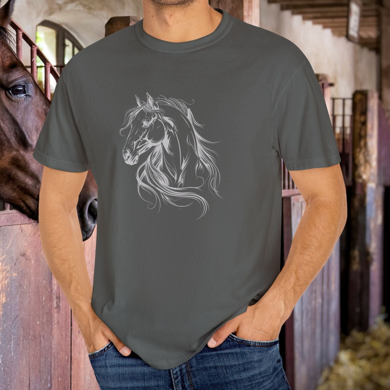 Spirited Horse Line Art Tee – Comfort Colors Equestrian Shirt - FlooredByArt