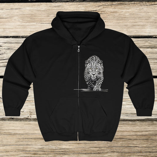 Stalking Leopard Art Full Zip Hoodie Sweatshirt Jacket Wild Life Shirt - FlooredByArt