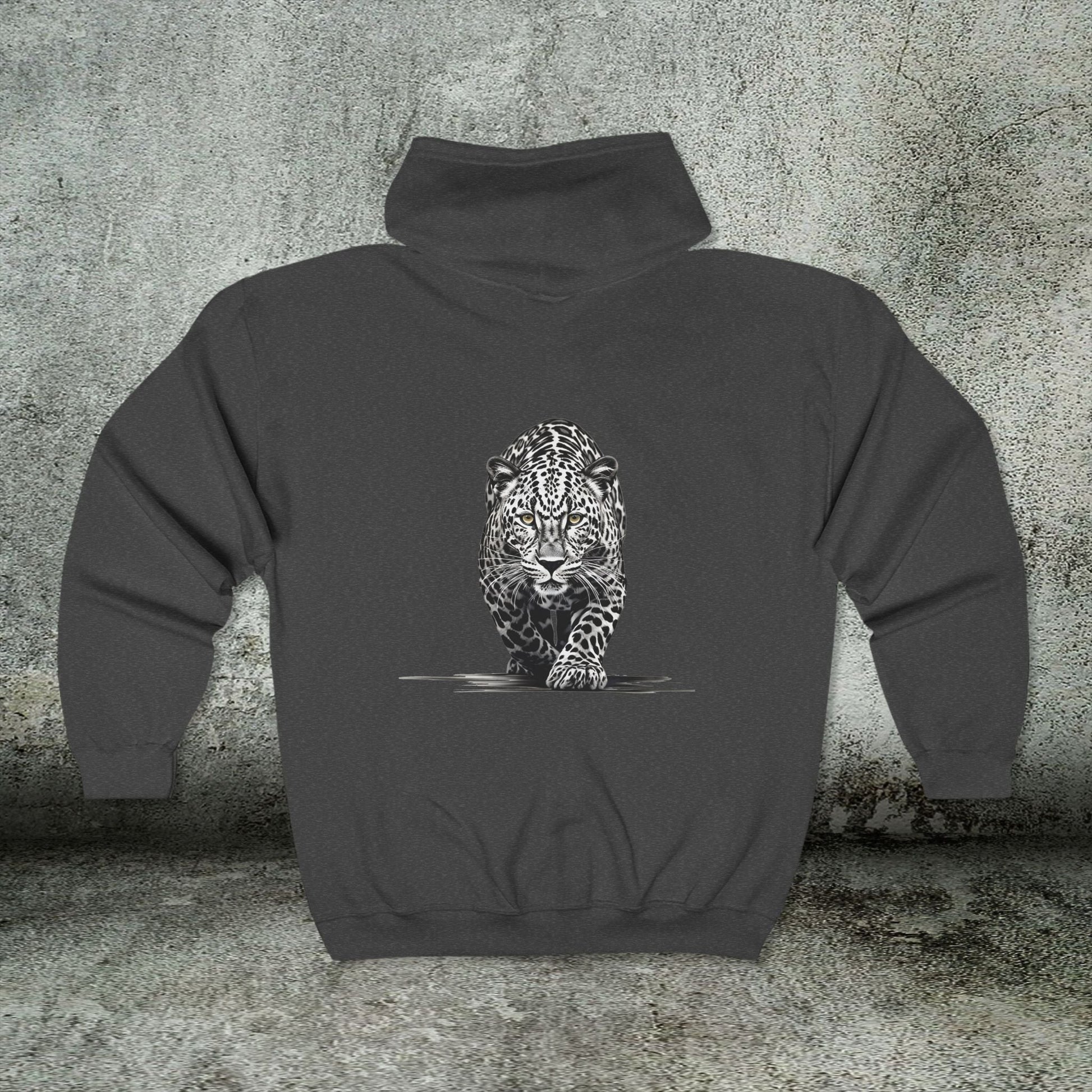 Stalking Leopard Full Zip Hoodie – Wildlife Art Jacket with Front & Back Leopard Design - FlooredByArt