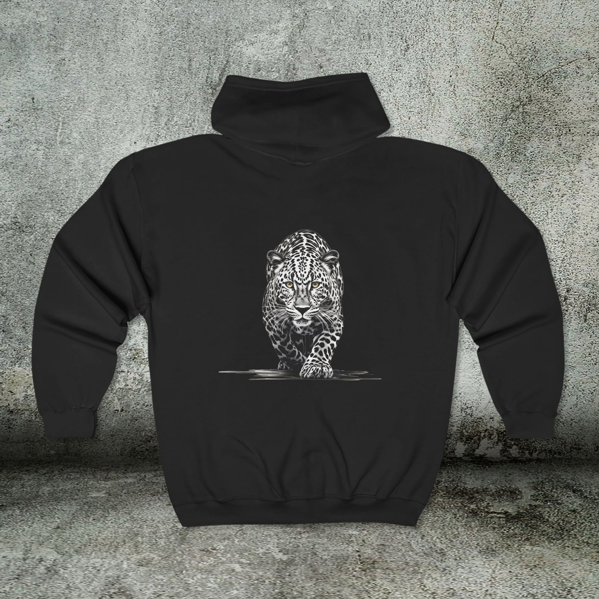 Stalking Leopard Full Zip Hoodie – Wildlife Art Jacket with Front & Back Leopard Design - FlooredByArt