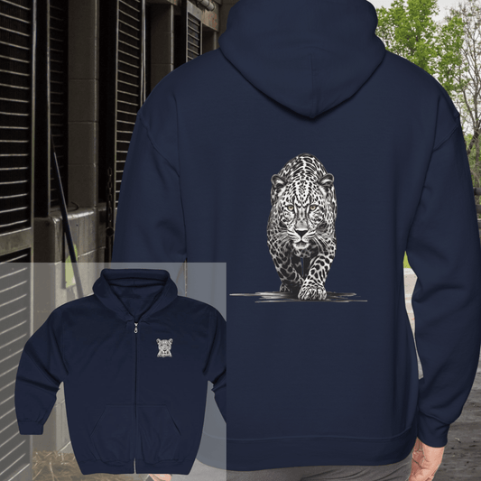 Stalking Leopard Full Zip Hoodie – Wildlife Art Jacket with Front & Back Leopard Design - FlooredByArt