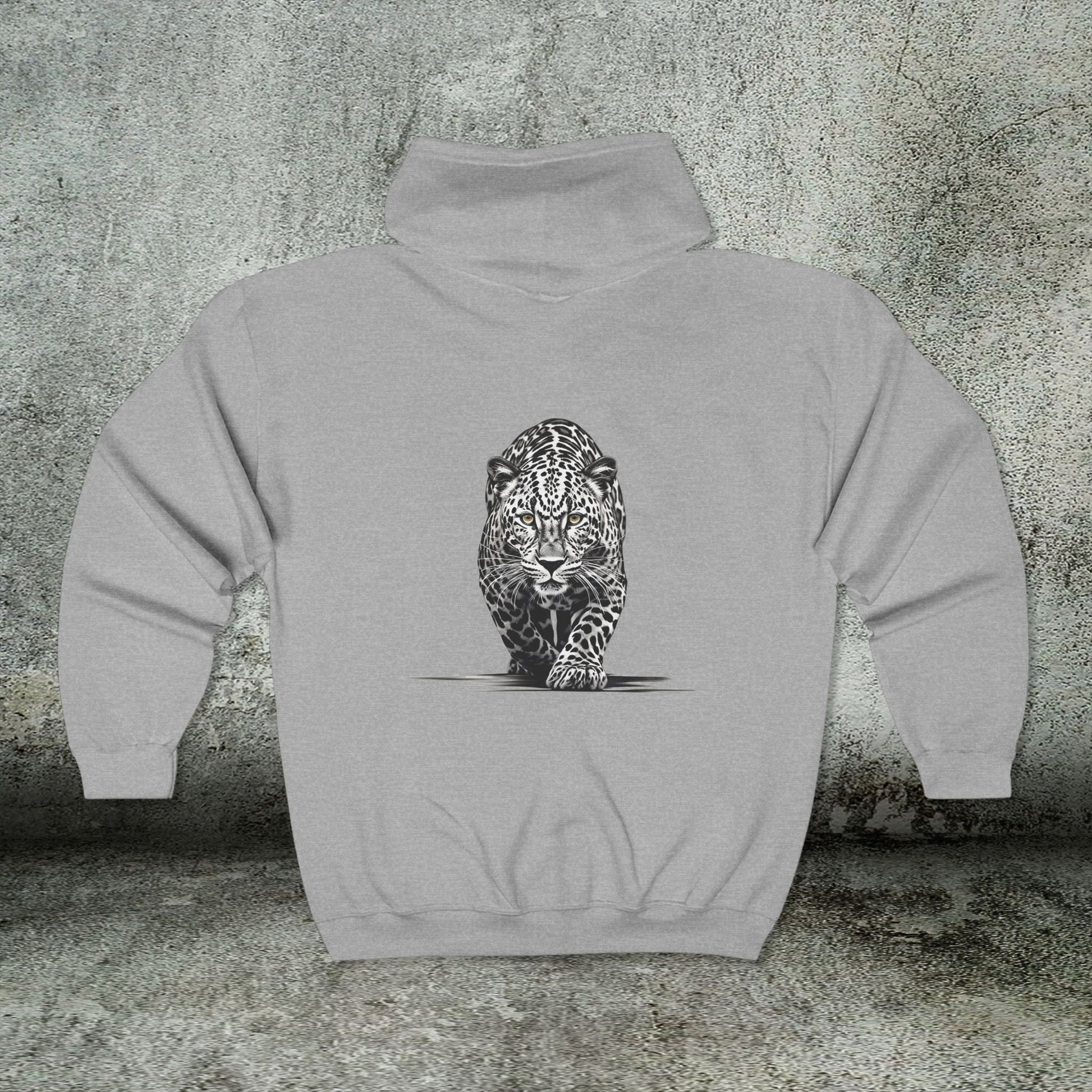 Stalking Leopard Full Zip Hoodie – Wildlife Art Jacket with Front & Back Leopard Design - FlooredByArt
