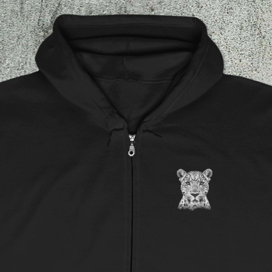 Stalking Leopard Full Zip Hoodie – Wildlife Art Jacket with Front & Back Leopard Design - FlooredByArt
