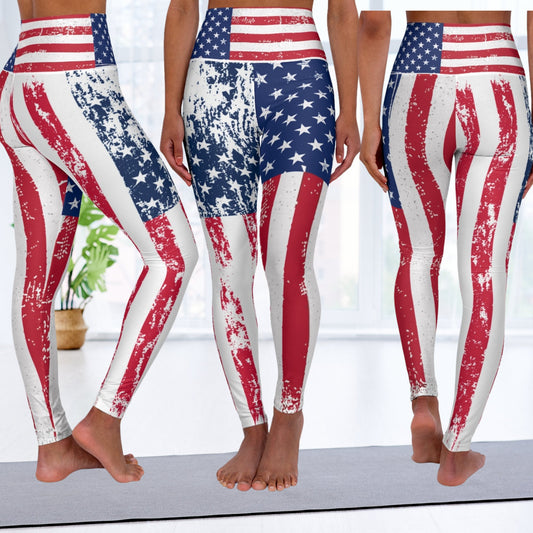 Stars and Stripes Art Leggings With Stars, Red, White and Blue, High Waisted - FlooredByArt