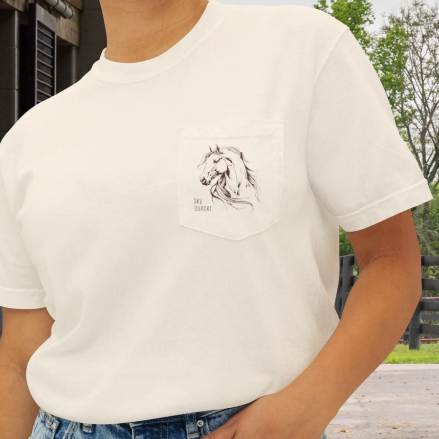 Stylized Horse Head Pocket T-Shirt – Comfort Colors Original Art Tee for Horse Lovers - FlooredByArt