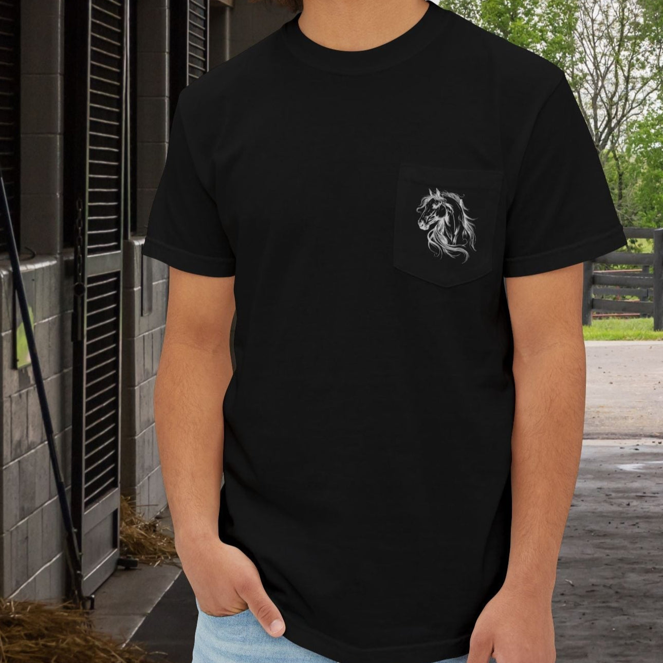 Stylized Horse Head Pocket T-Shirt – Comfort Colors Original Art Tee for Horse Lovers - FlooredByArt