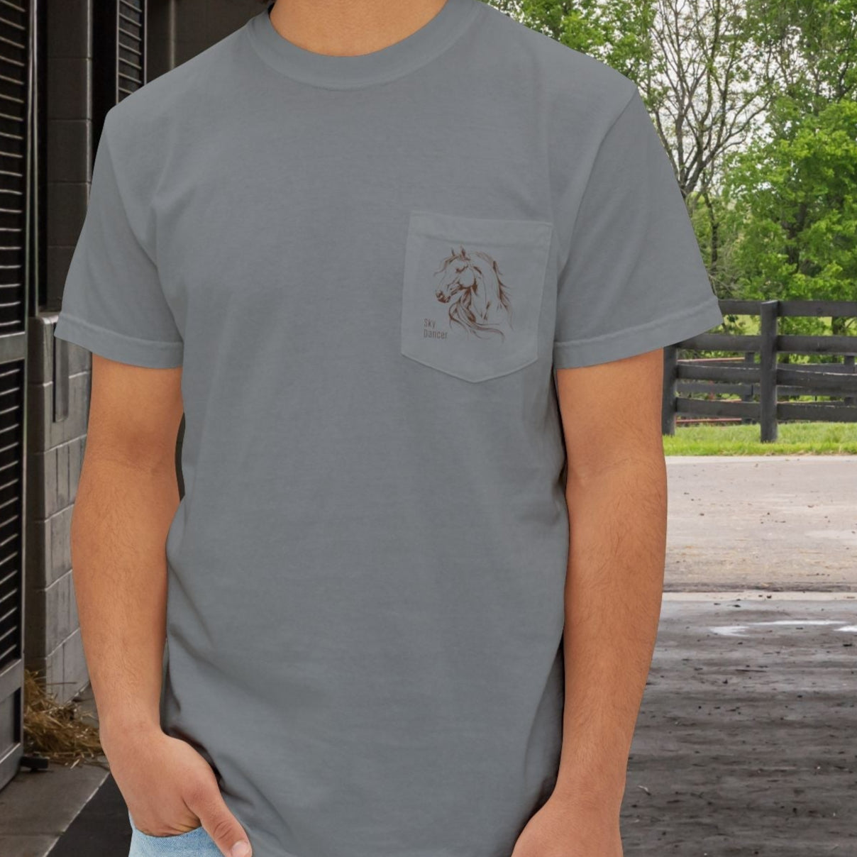Stylized Horse Head Pocket T-Shirt – Comfort Colors Original Art Tee for Horse Lovers - FlooredByArt