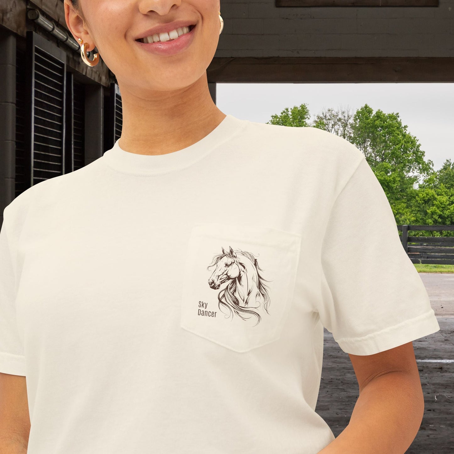 Stylized Horse Head Pocket T-Shirt – Comfort Colors Original Art Tee for Horse Lovers - FlooredByArt
