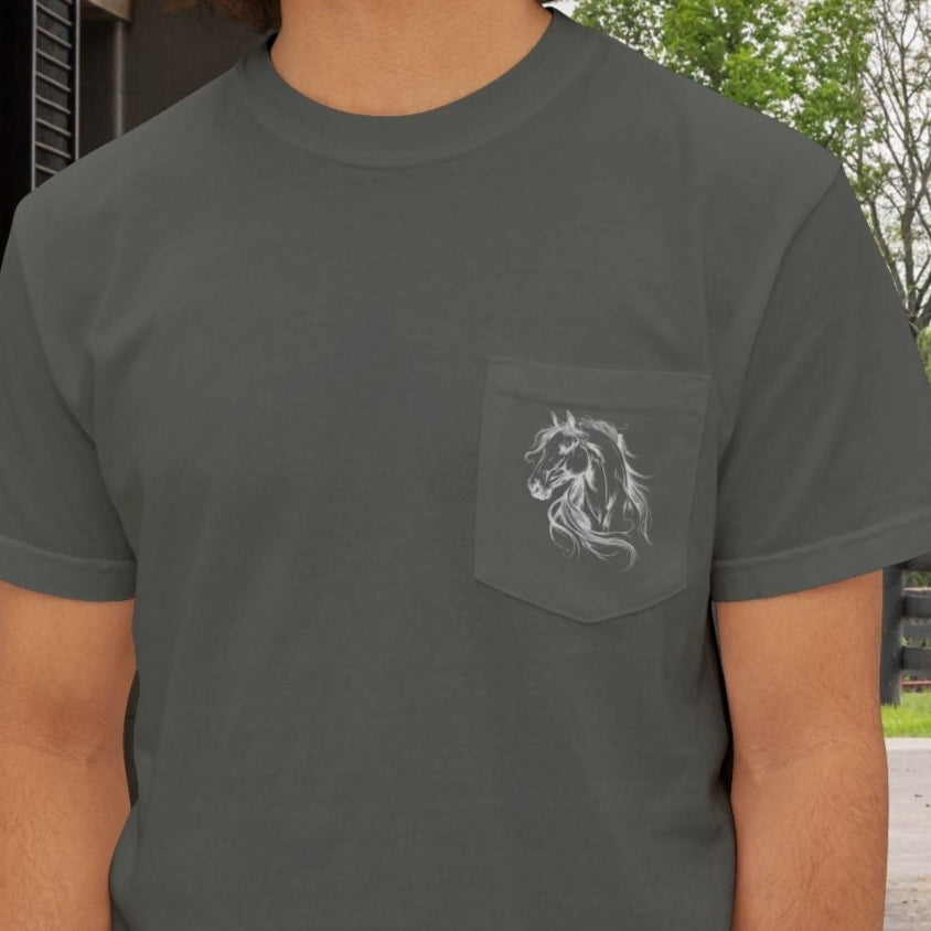 Stylized Horse Head Pocket T-Shirt – Comfort Colors Original Art Tee for Horse Lovers - FlooredByArt