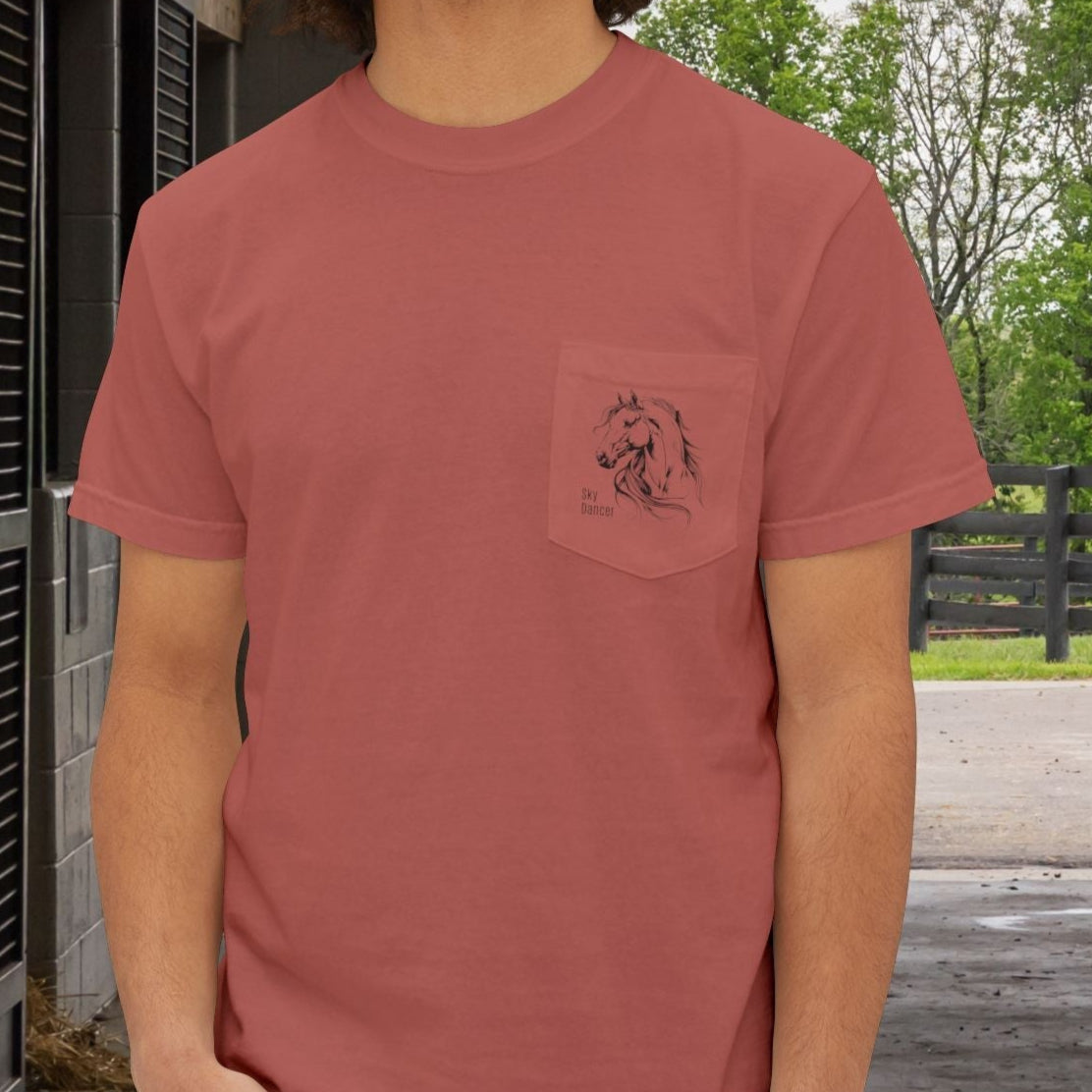 Stylized Horse Head Pocket T-Shirt – Comfort Colors Original Art Tee for Horse Lovers - FlooredByArt