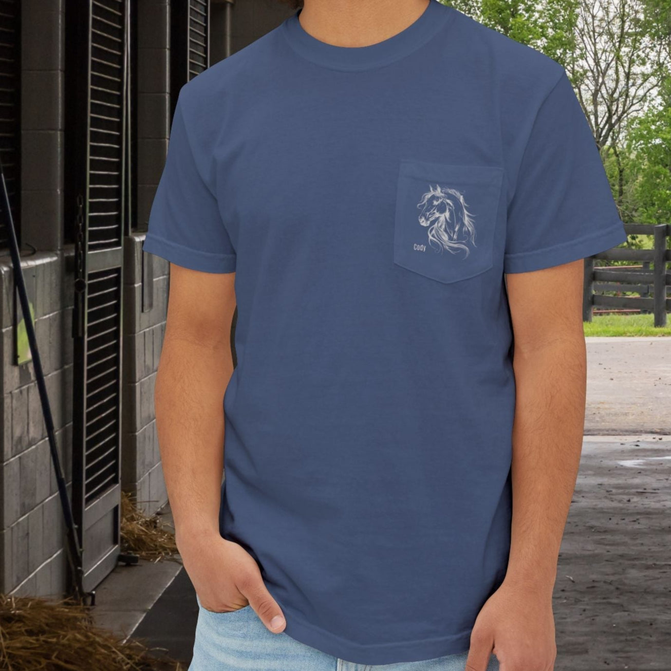 Stylized Horse Head Pocket T-Shirt – Comfort Colors Original Art Tee for Horse Lovers - FlooredByArt