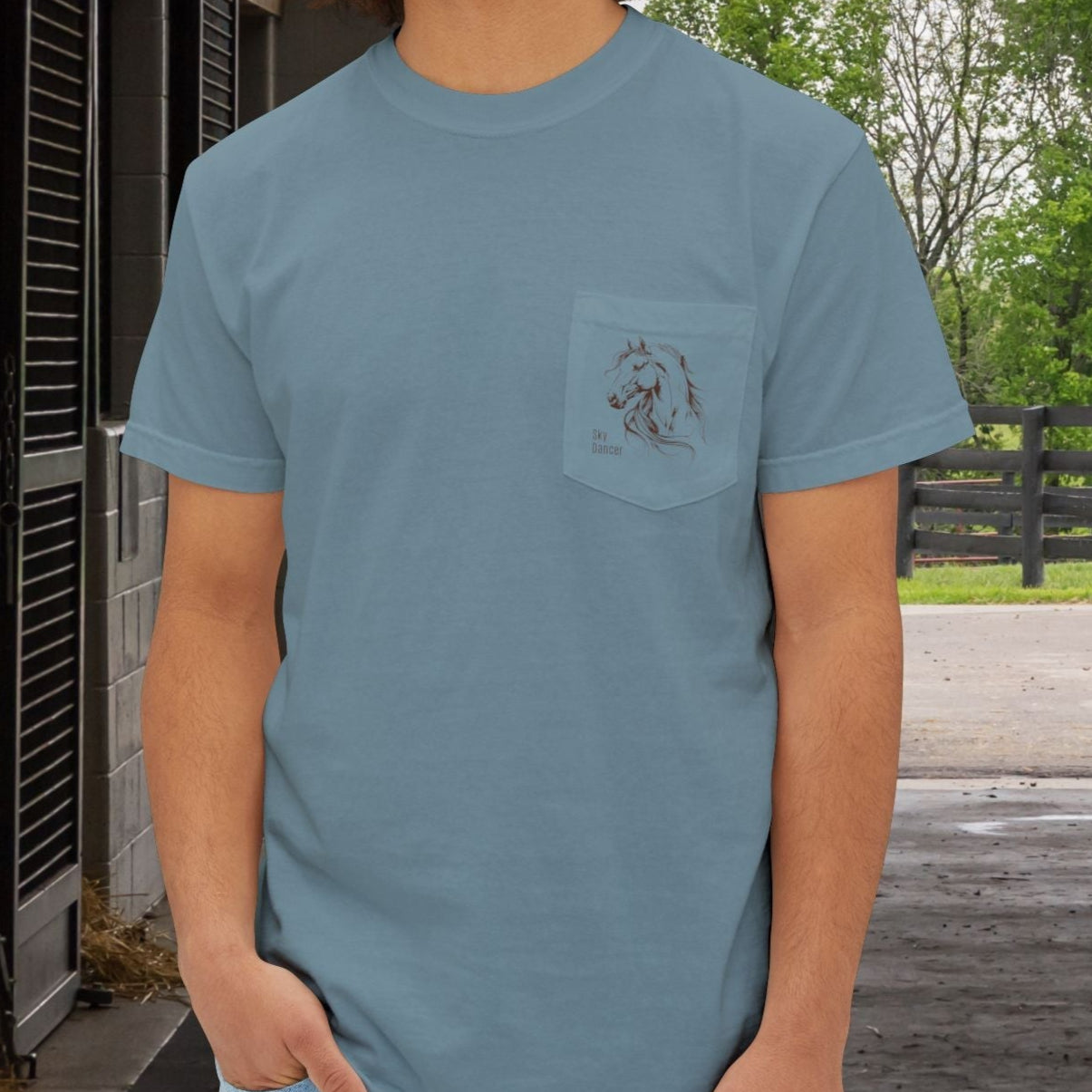 Stylized Horse Head Pocket T-Shirt – Comfort Colors Original Art Tee for Horse Lovers - FlooredByArt