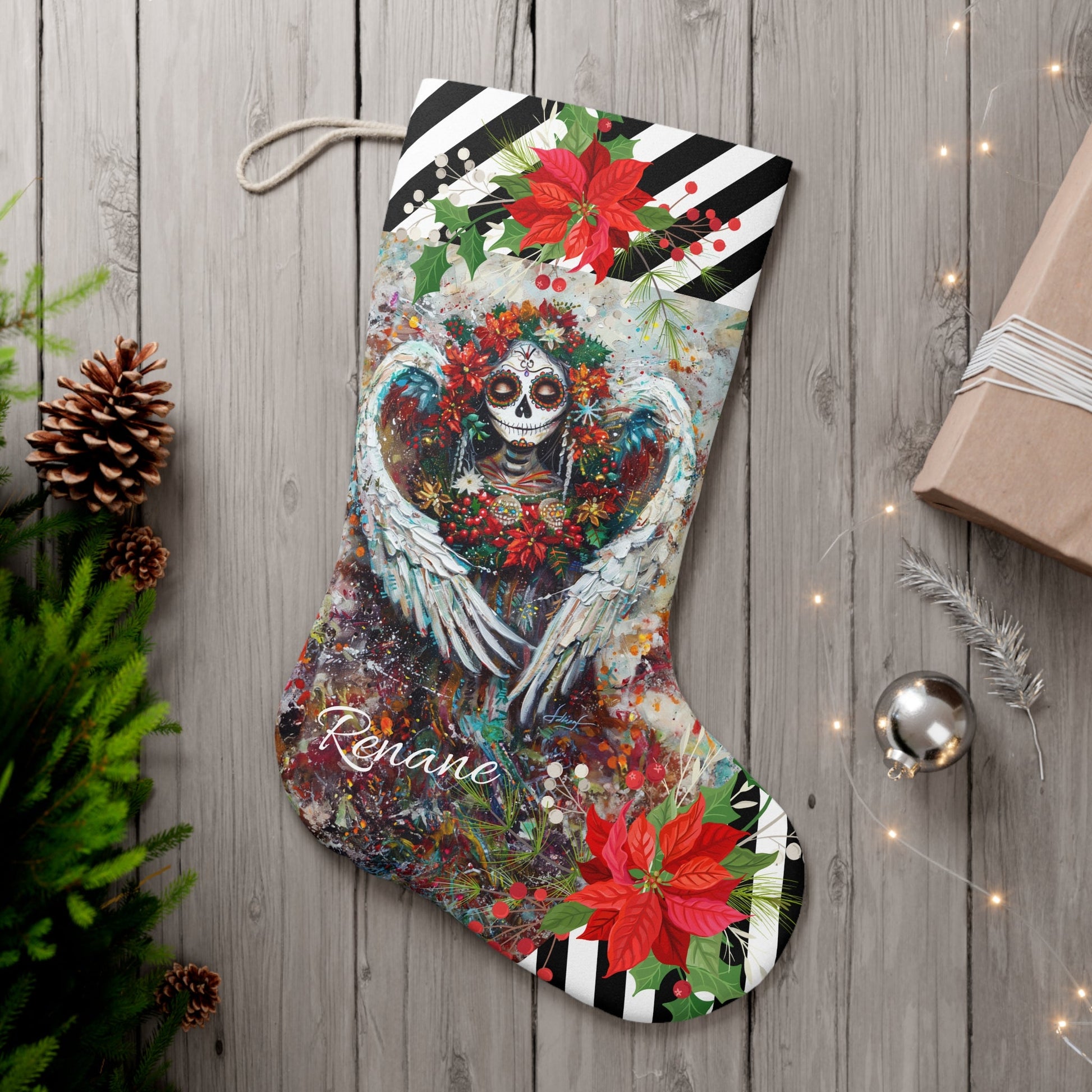 Sugar Skull Angel Christmas Stocking, Goth Personalized Gift Angel Christmas Stocking - FlooredByArt