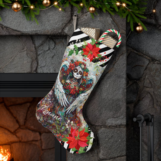 Sugar Skull Angel Christmas Stocking, Goth Personalized Gift Angel Christmas Stocking - FlooredByArt