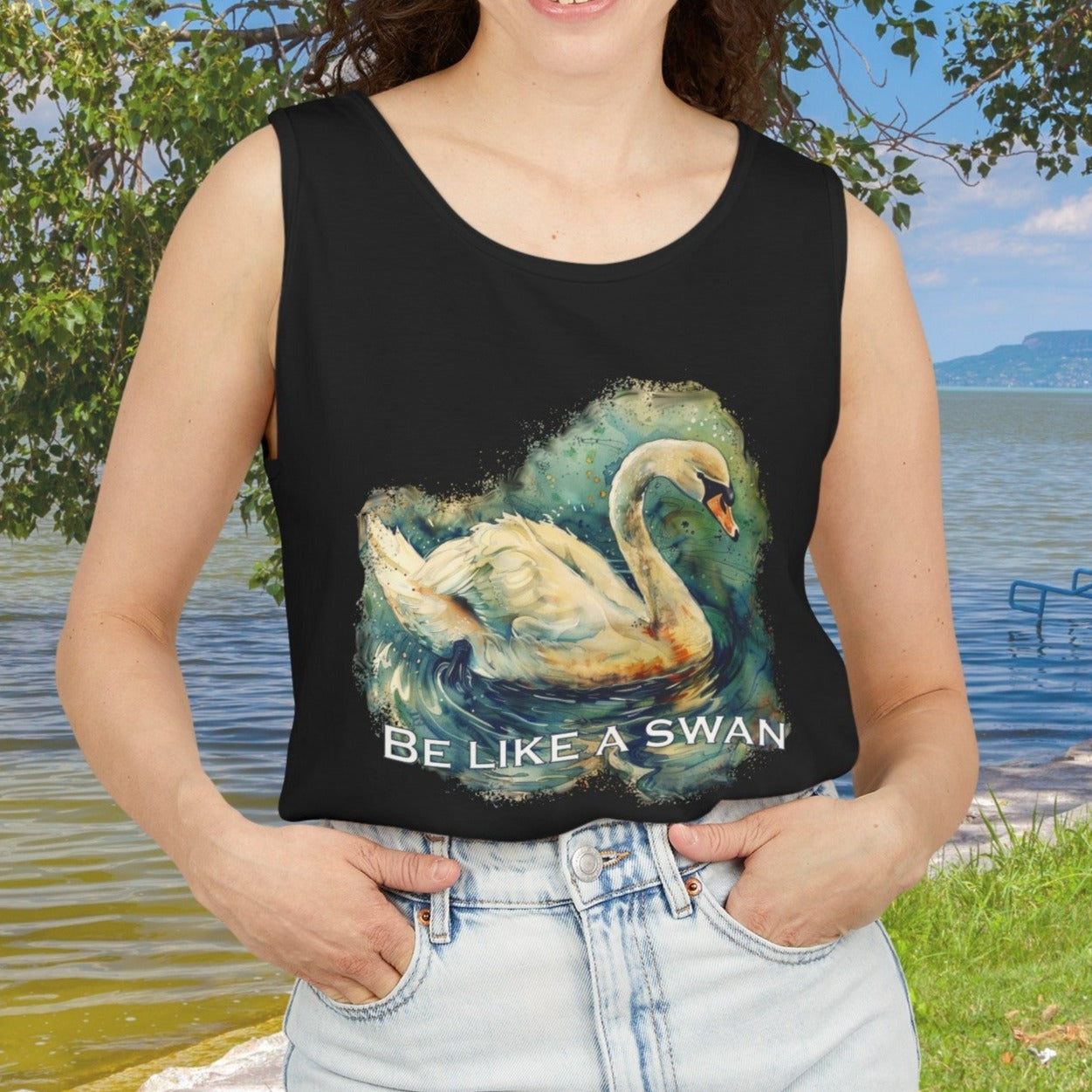 Swan Art Tank Top Shirt, Original Art Print Tee, Inspirational "Be like a Swan" Comfort Colors Tank - FlooredByArt