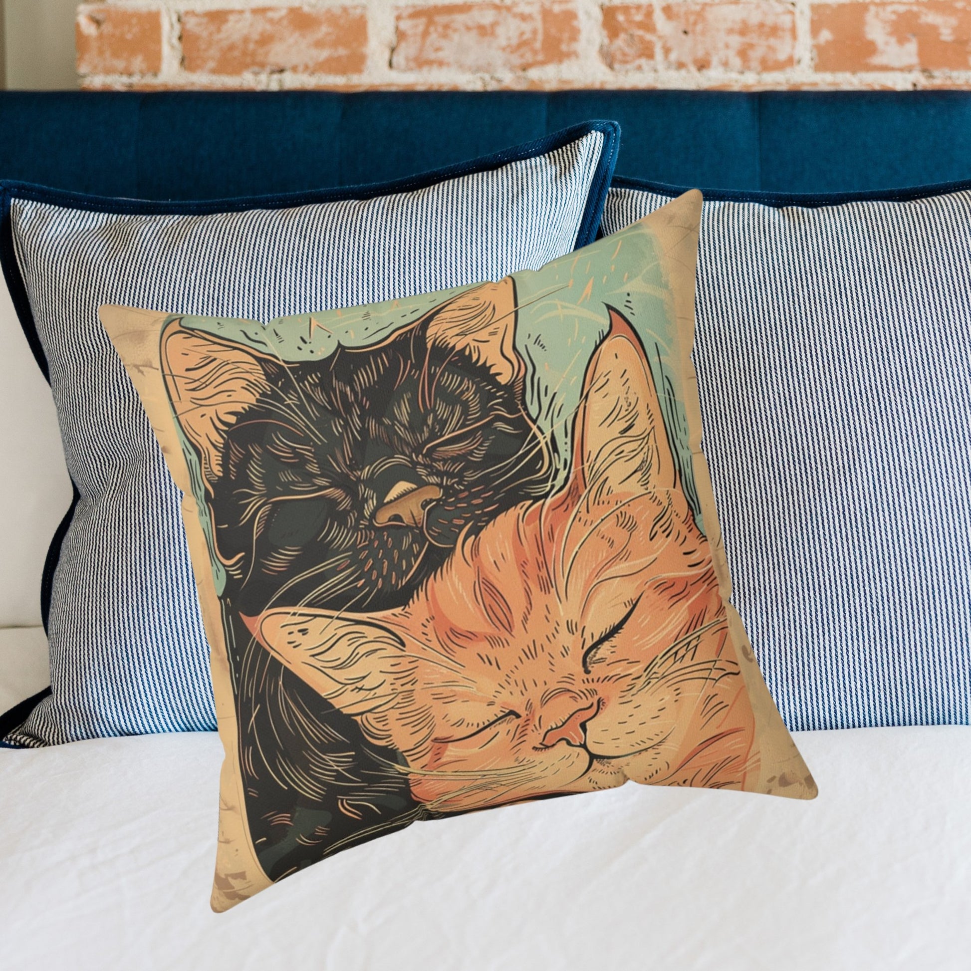 Sweet Cat Pair Throw Pillow Cover, Whimsical Art Deco Style Cat Decor - FlooredByArt