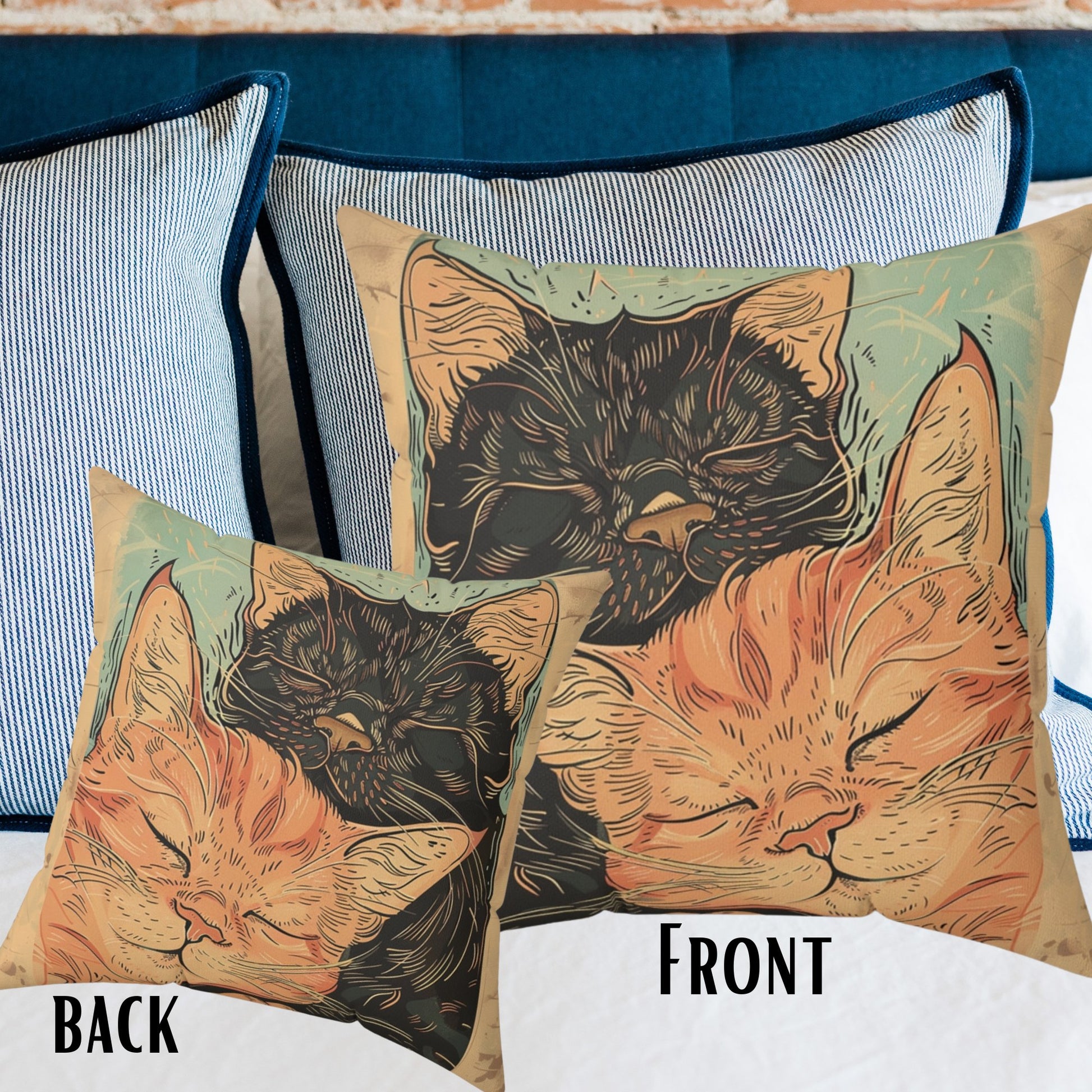 Sweet Cat Pair Throw Pillow Cover, Whimsical Art Deco Style Cat Decor - FlooredByArt