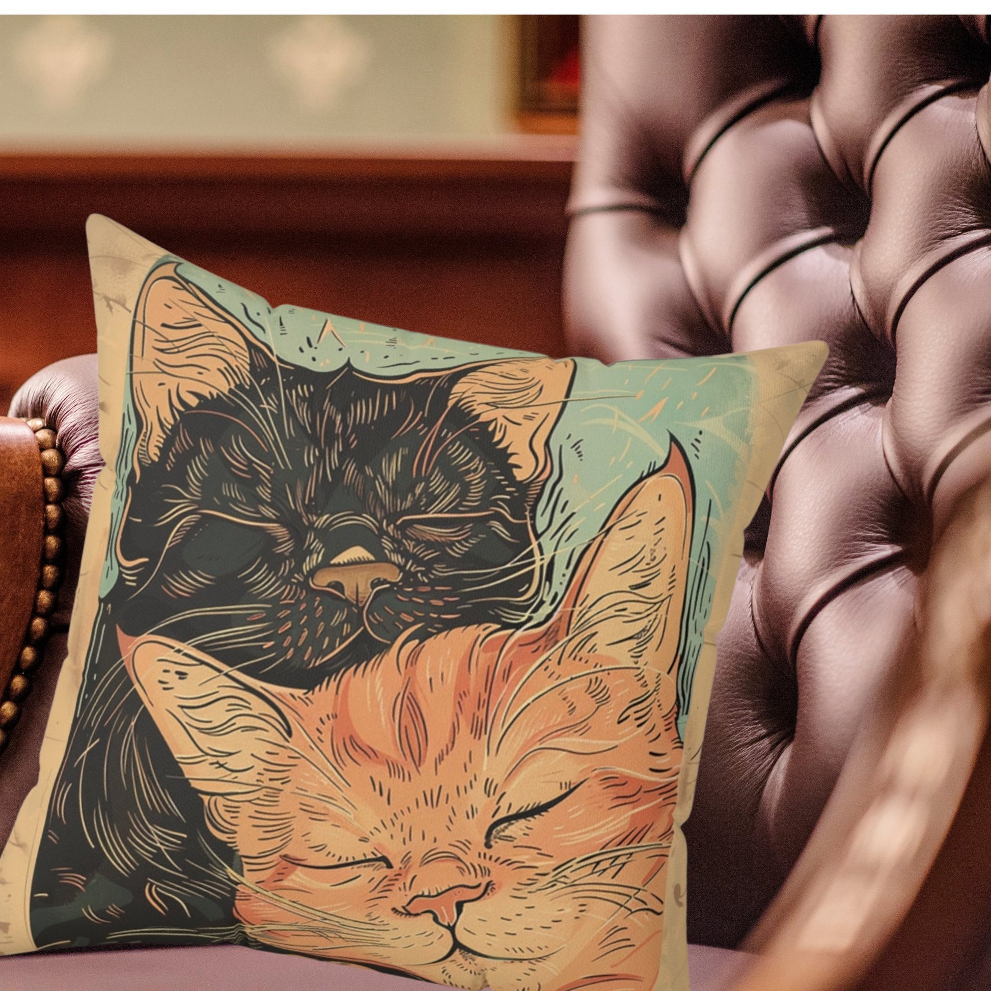 Sweet Cat Pair Throw Pillow Cover, Whimsical Art Deco Style Cat Decor - FlooredByArt