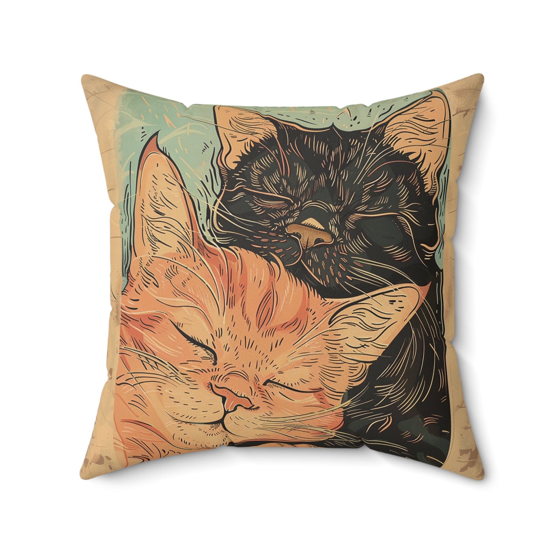 Sweet Cat Pair Throw Pillow Cover, Whimsical Art Deco Style Cat Decor - FlooredByArt
