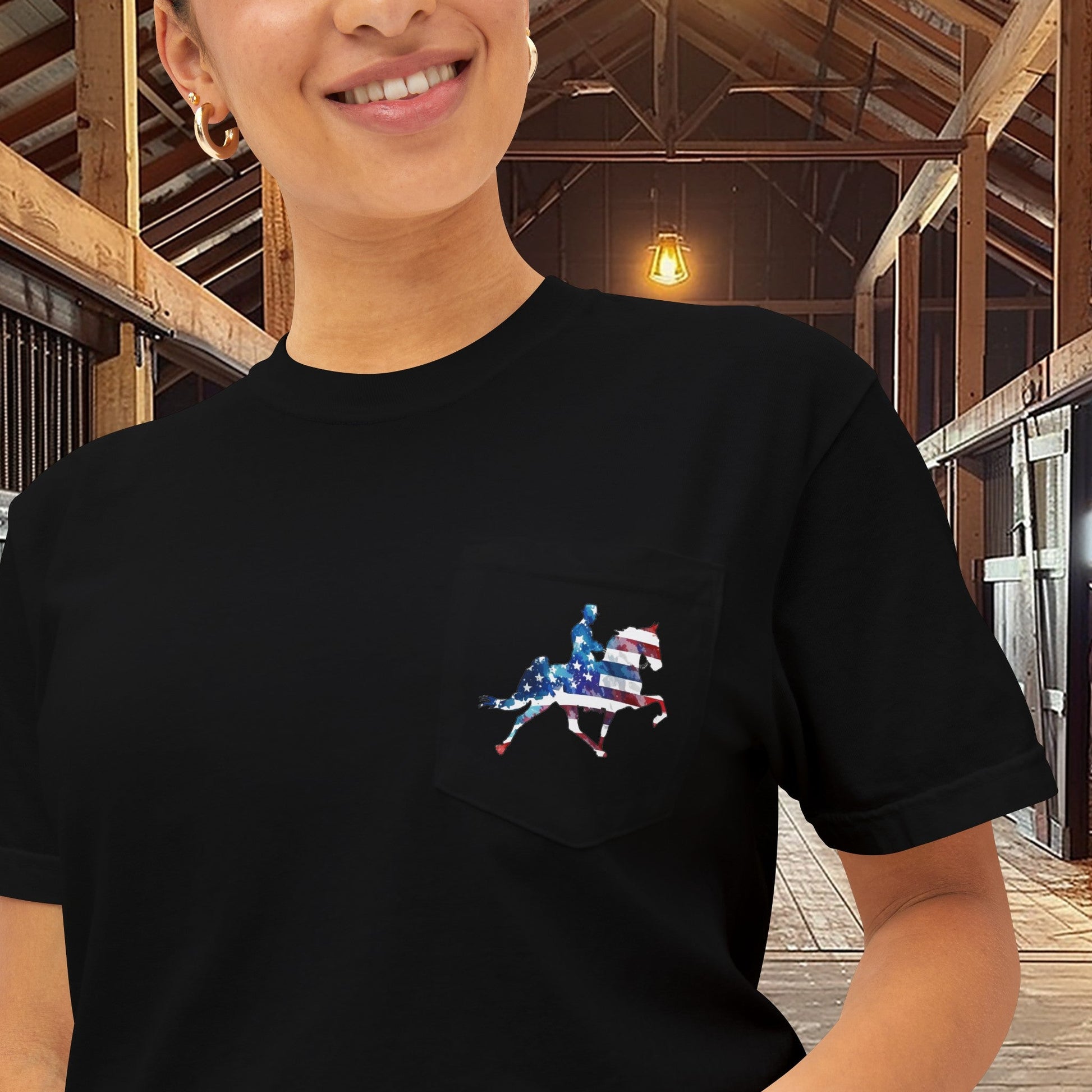 Tennessee Walking Horse Pocket T-shirt, TWH Pride Tee: Stepping in Stars & Stripes! Gift - FlooredByArt