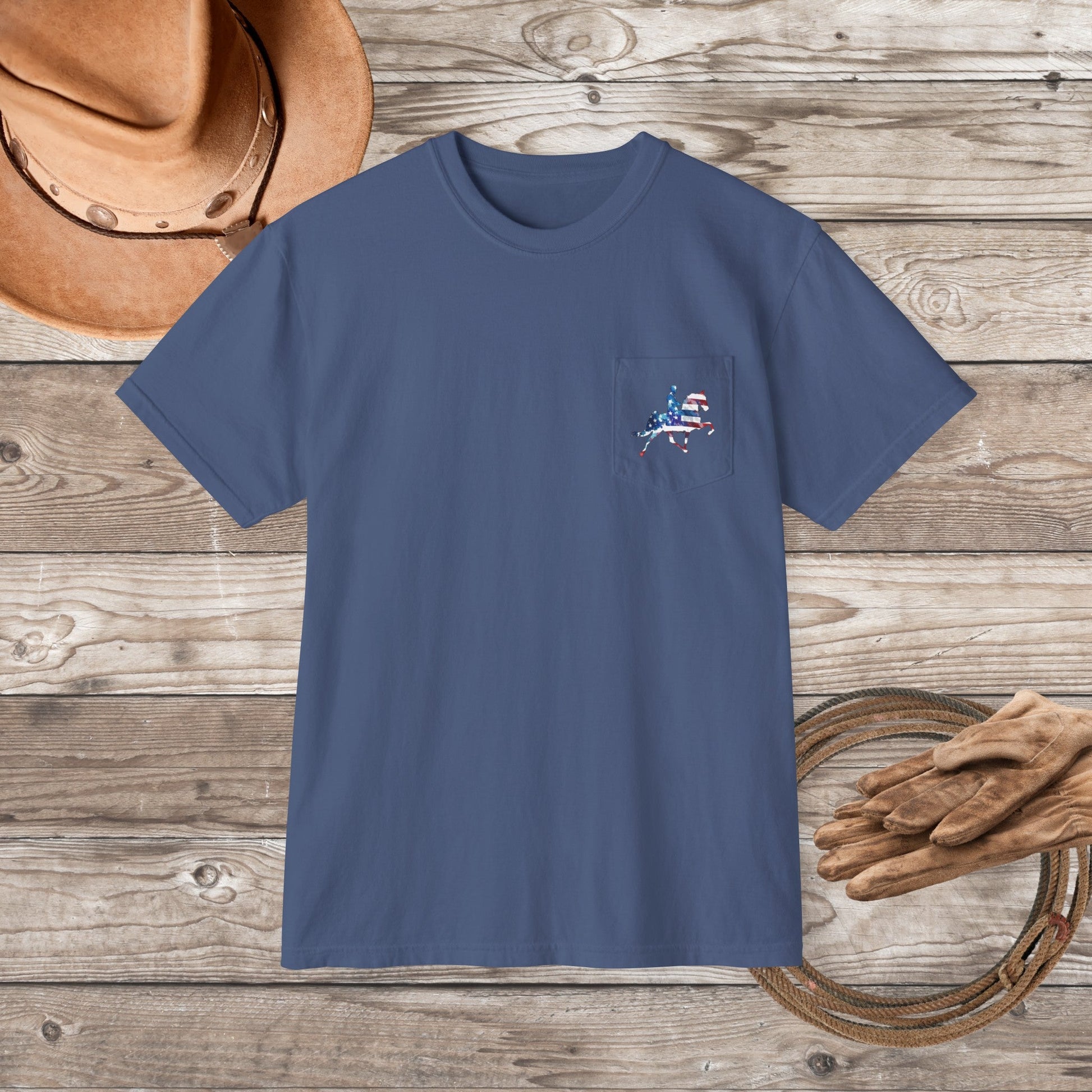 Tennessee Walking Horse Pocket T-shirt, TWH Pride Tee: Stepping in Stars & Stripes! Gift - FlooredByArt