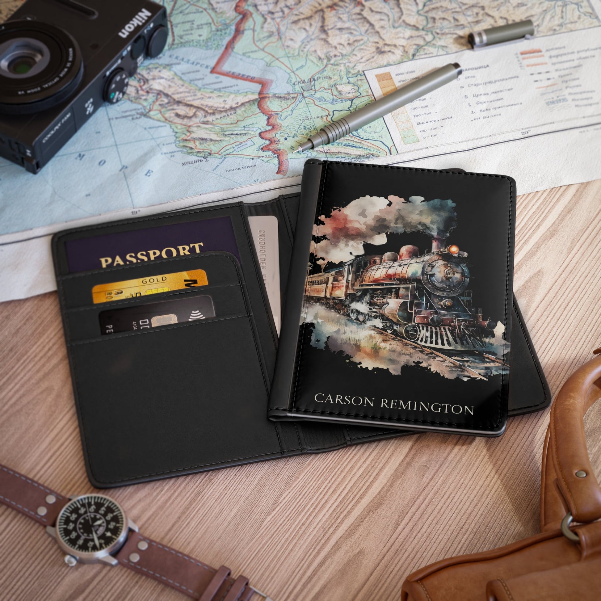 Train Passport Cover Vintage Steam Engine Traveler Travel ID Cover, Passport Protection, Credit Card Shield, Passport Cover, Traveler cover - FlooredByArt