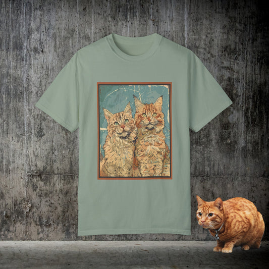 Two Orange Tabby Cats T-shirt, Comfort Color Tee, Vintage Art Deco Style, Unisex Tee for Cat Lover Owner, Gift Cat Mom Dad - FlooredByArt