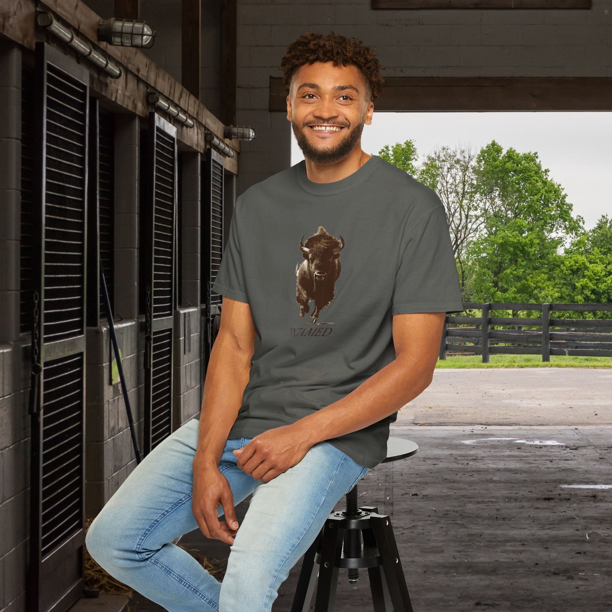 Untamed Buffalo Western Art on Comfort Colors Tee – Western Ranch Style - FlooredByArt
