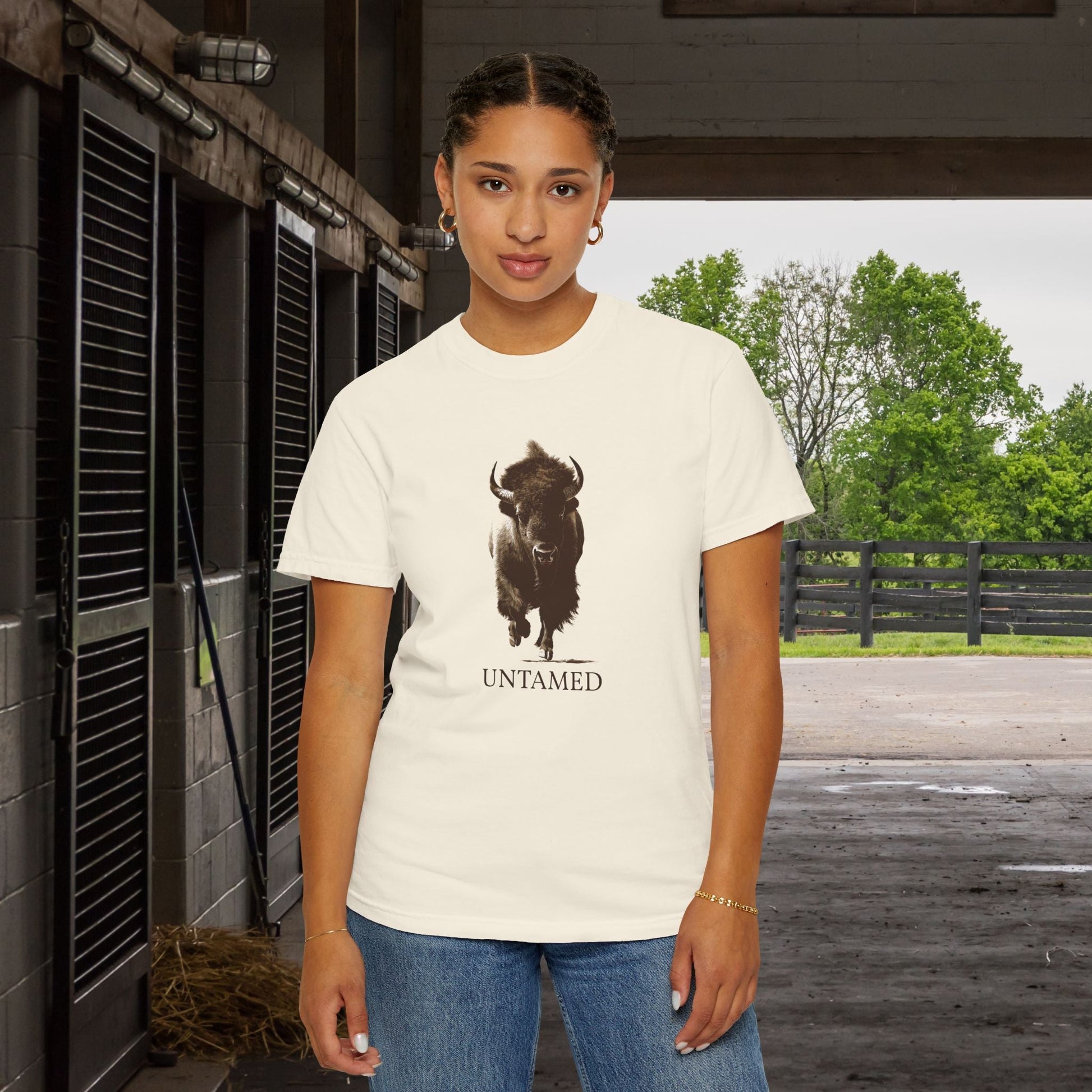 Untamed Buffalo Western Art on Comfort Colors Tee – Western Ranch Style - FlooredByArt