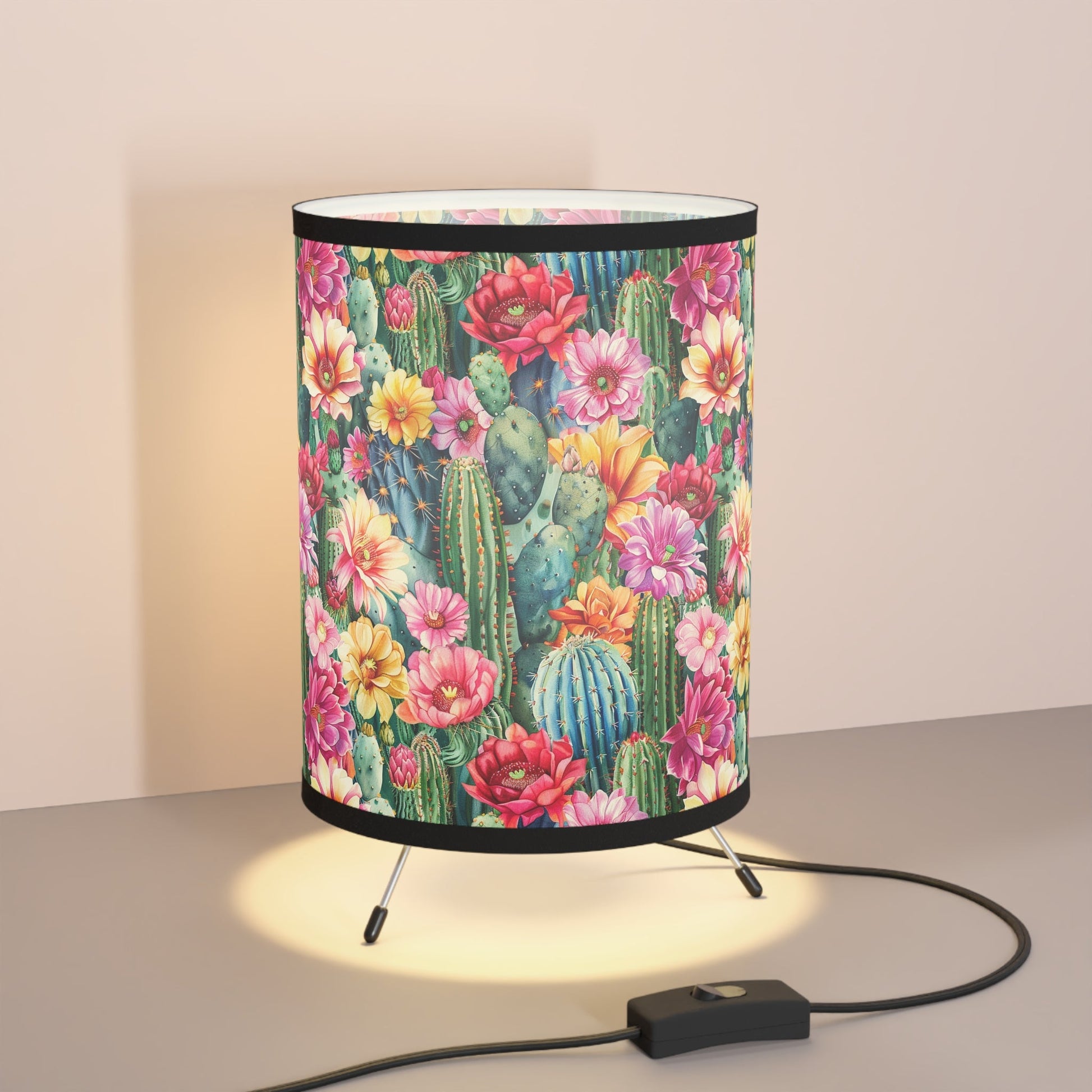 Vibrant Cactus Floral Tripod Lamp, Desk Light, Unique Lamp Shade on Lamp - FlooredByArt