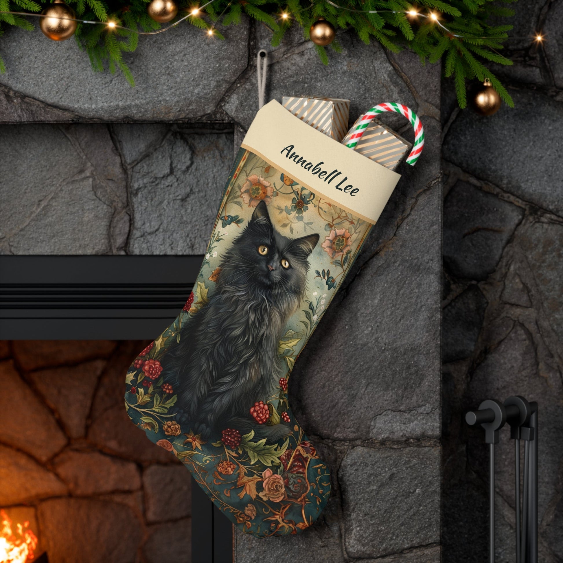 Victorian Black Cat Christmas Stocking - Personalized A Black Cat, Berries and Roses - FlooredByArt