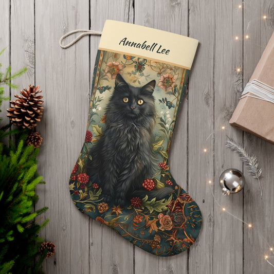 Victorian Black Cat Christmas Stocking - Personalized A Black Cat, Berries and Roses - FlooredByArt