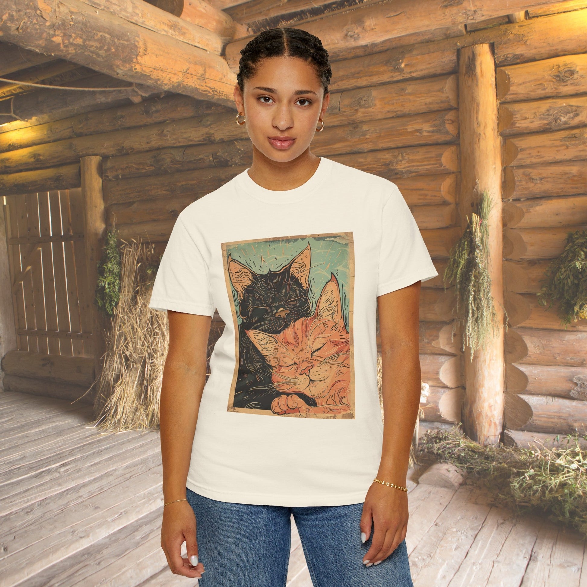 Vintage Cat Poster T-shirt, Cute Black Cat Tabby Cat Shirt, Unisex Tee for Cat Lover - FlooredByArt