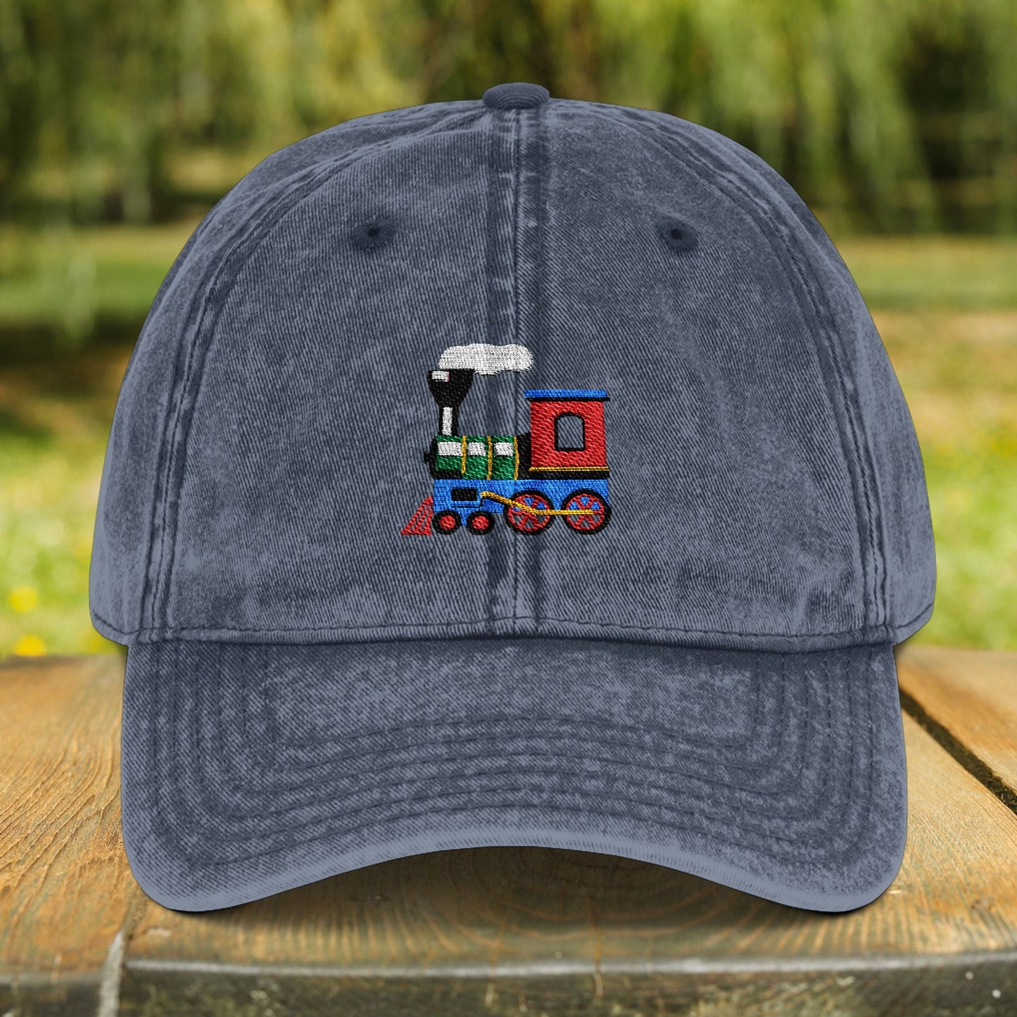 Vintage Locomotive Train Engine Embroidered Cap - World's Best Dad - FlooredByArt