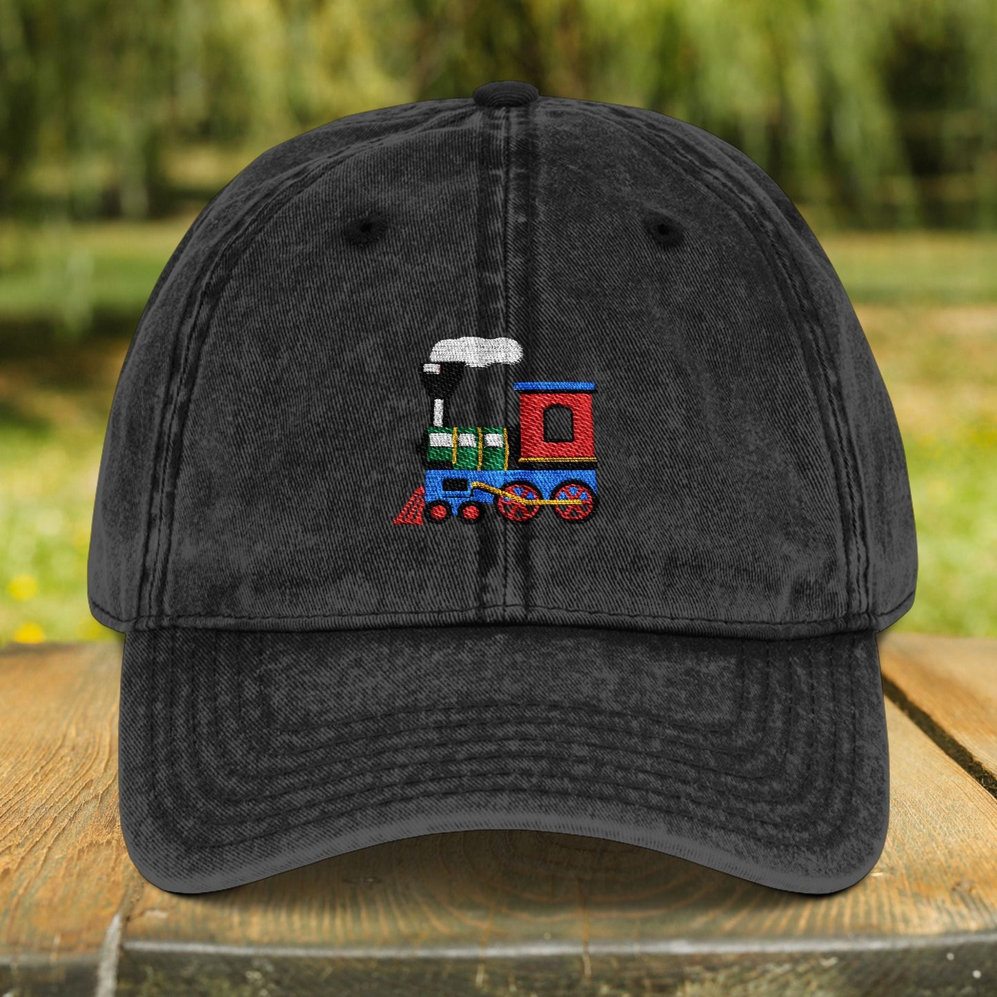 Vintage Locomotive Train Engine Embroidered Cap - World's Best Dad - FlooredByArt