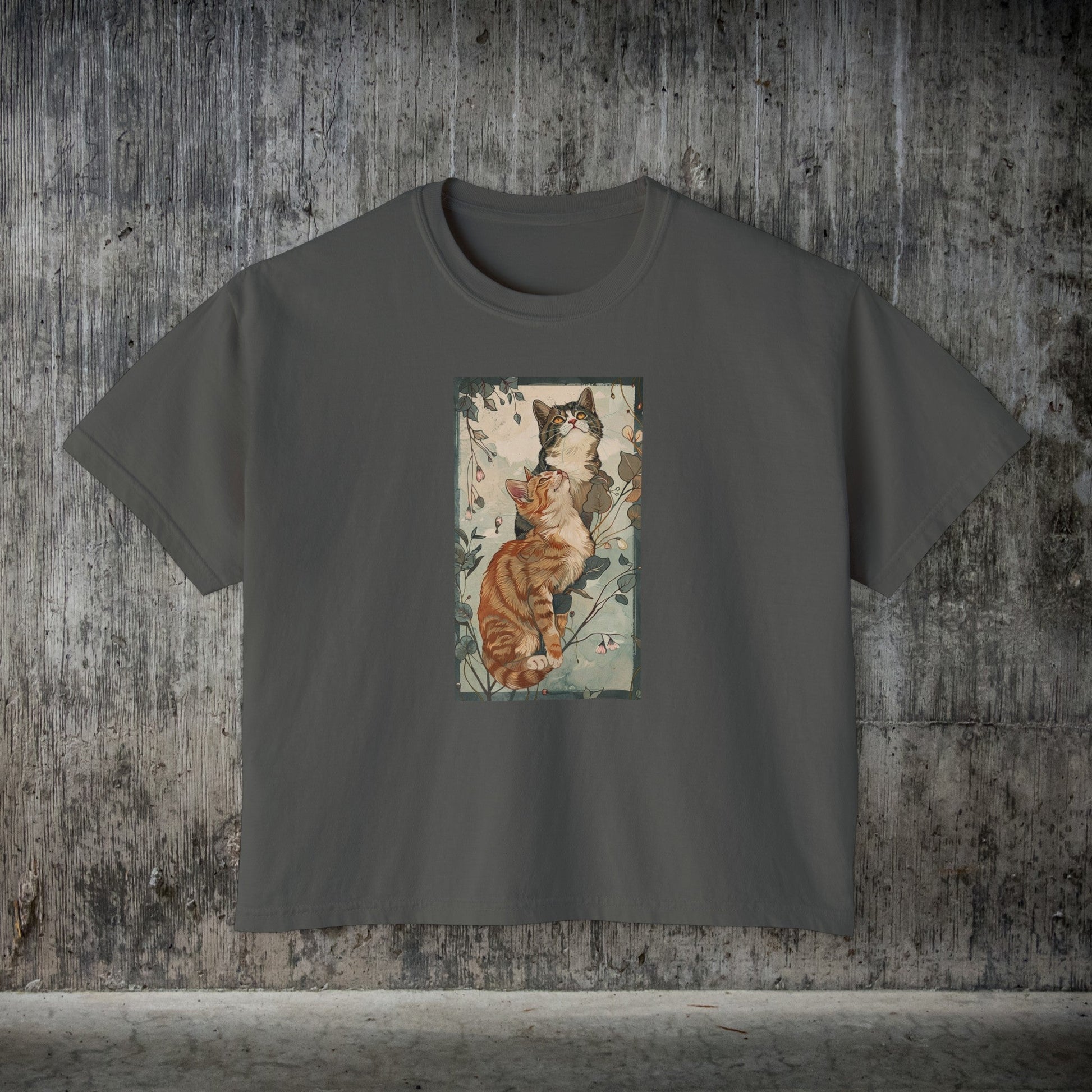 Vintage Pair of Cats Crop T-shirt, Orange and Gray Tabby Cats Crop Shirt - FlooredByArt