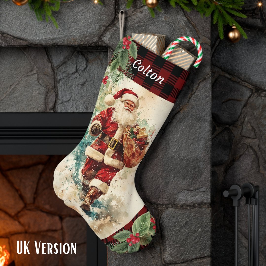 Vintage Santa Christmas Stocking 2024 Design - Personalized Retro Holiday Stocking - FlooredByArt