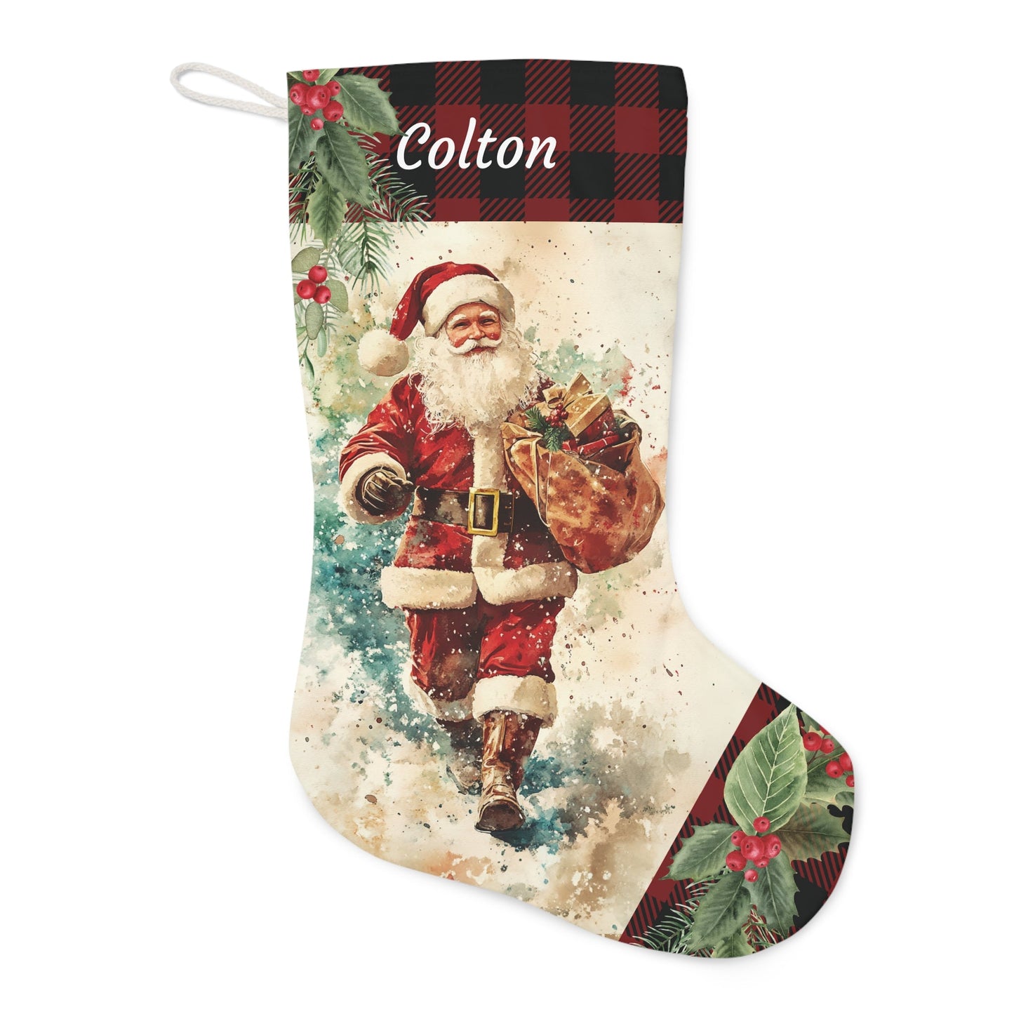 Vintage Santa Christmas Stocking 2024 Design - Personalized Retro Holiday Stocking - FlooredByArt