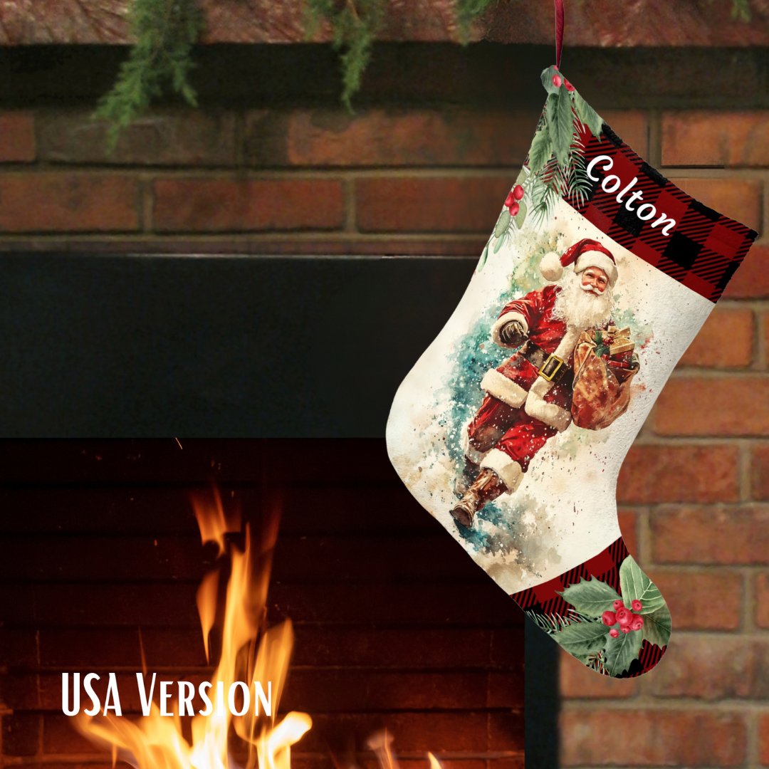 Vintage Santa Christmas Stocking 2024 Design - Personalized Retro Holiday Stocking - FlooredByArt