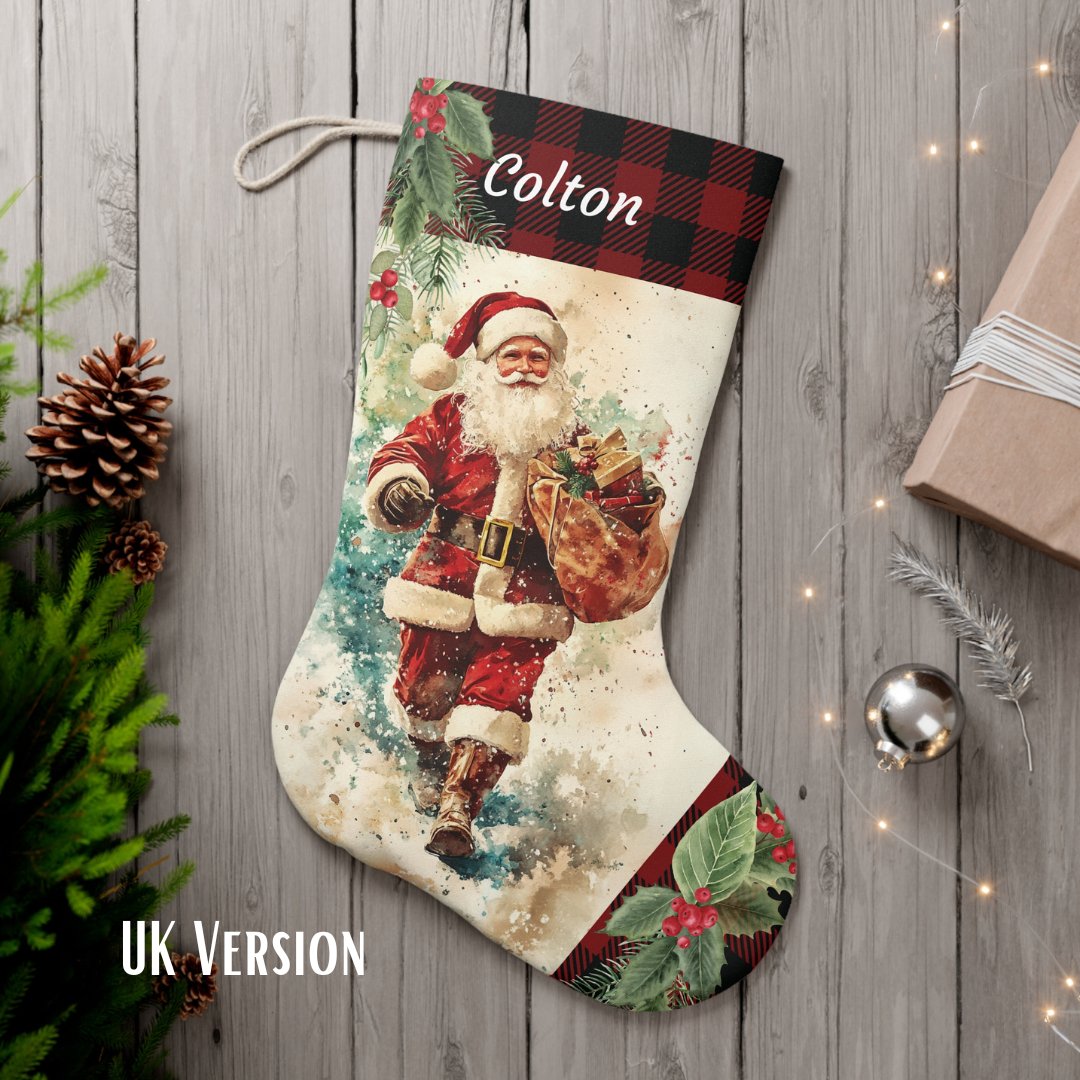 Vintage Santa Christmas Stocking 2024 Design - Personalized Retro Holiday Stocking - FlooredByArt