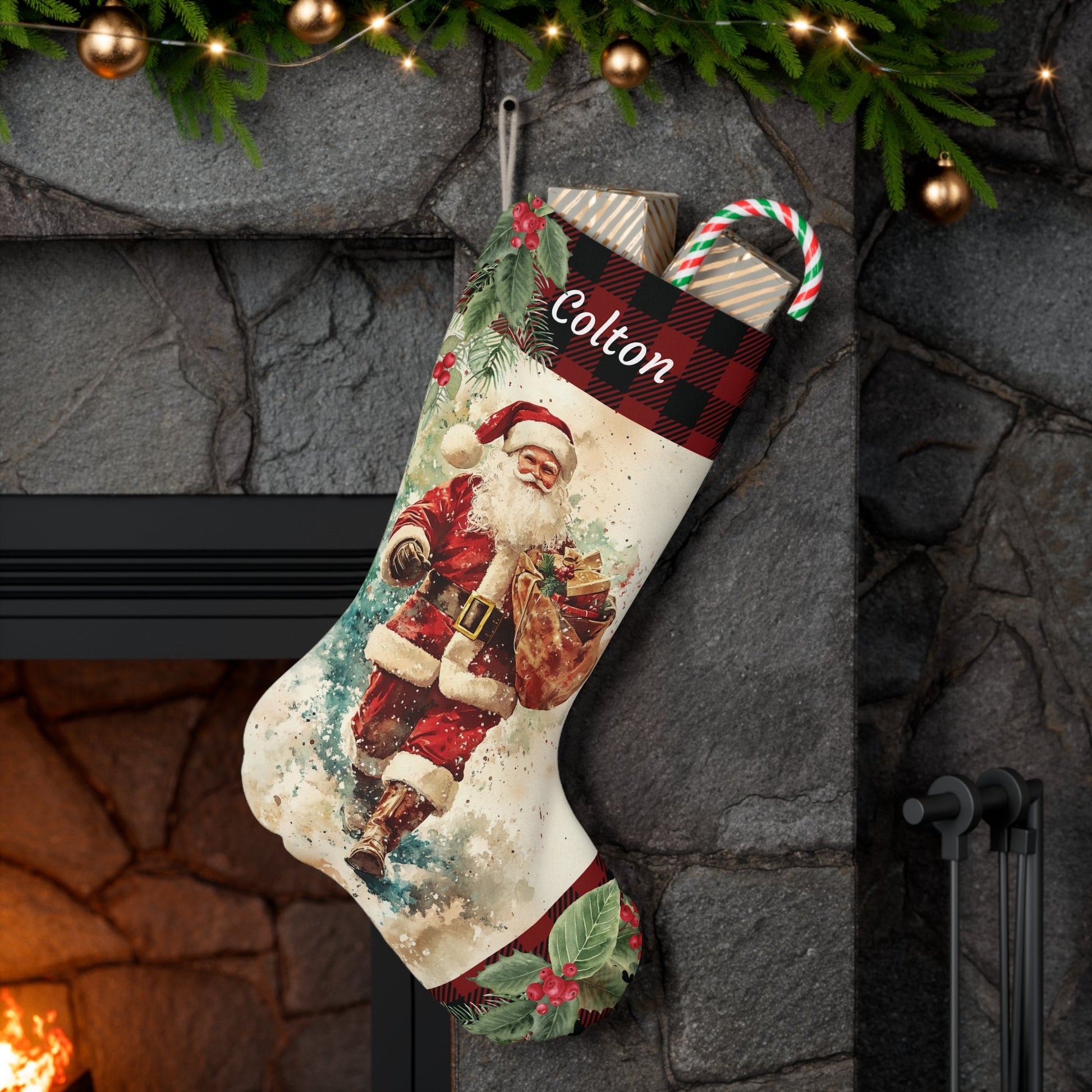 Vintage Santa Christmas Stocking 2024 Design - Personalized Retro Holiday Stocking - FlooredByArt