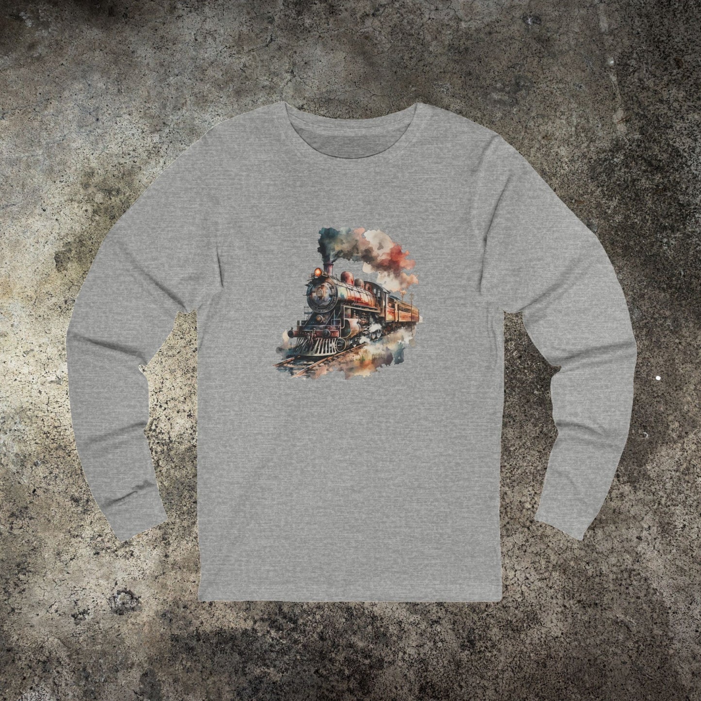 Vintage Steam Engine Long Sleeve Shirt – Watercolor Locomotive Train Art Tee - FlooredByArt