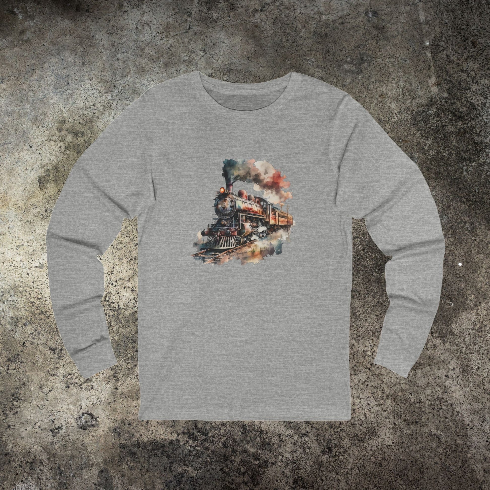 Vintage Steam Engine Long Sleeve Shirt – Watercolor Locomotive Train Art Tee - FlooredByArt