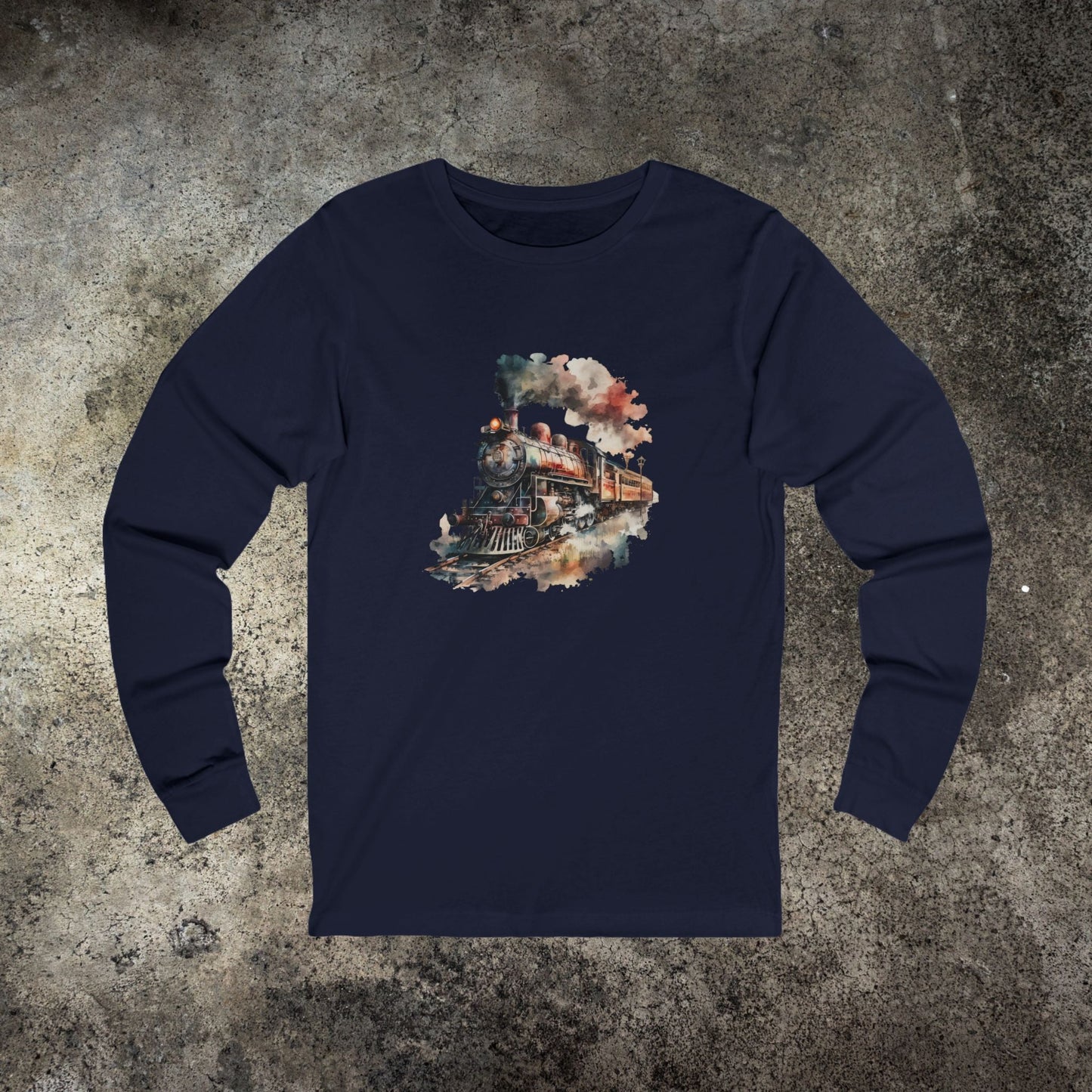 Vintage Steam Engine Long Sleeve Shirt – Watercolor Locomotive Train Art Tee - FlooredByArt