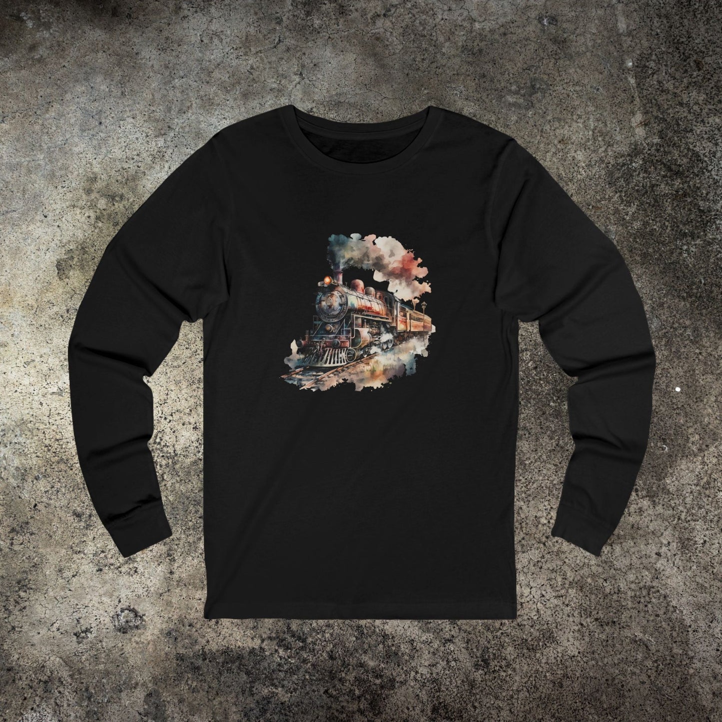 Vintage Steam Engine Long Sleeve Shirt – Watercolor Locomotive Train Art Tee - FlooredByArt