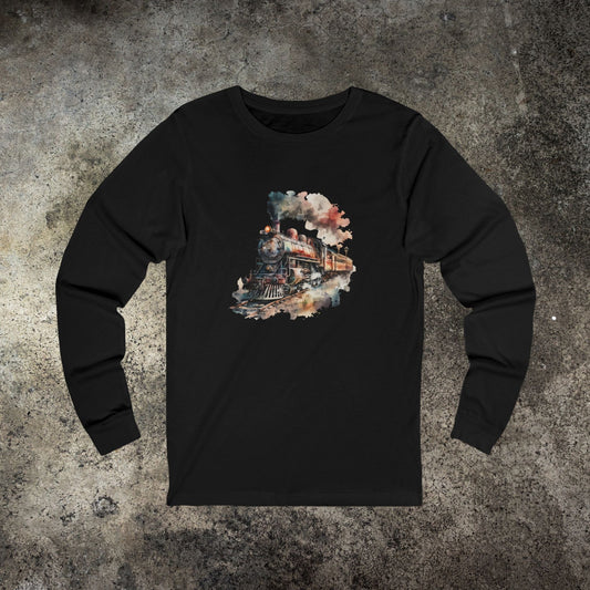Vintage Steam Engine Long Sleeve Shirt – Watercolor Locomotive Train Art Tee - FlooredByArt